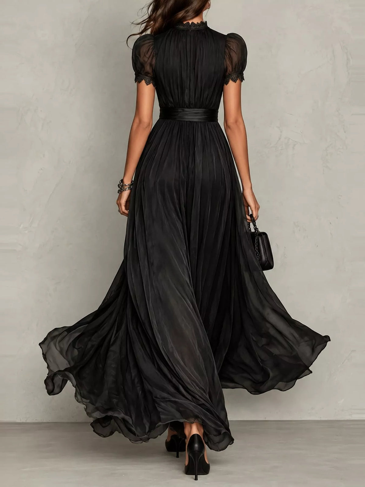 full size elegant sheer chiffon mock-neck maxi dress | dropsona - neutral - front view