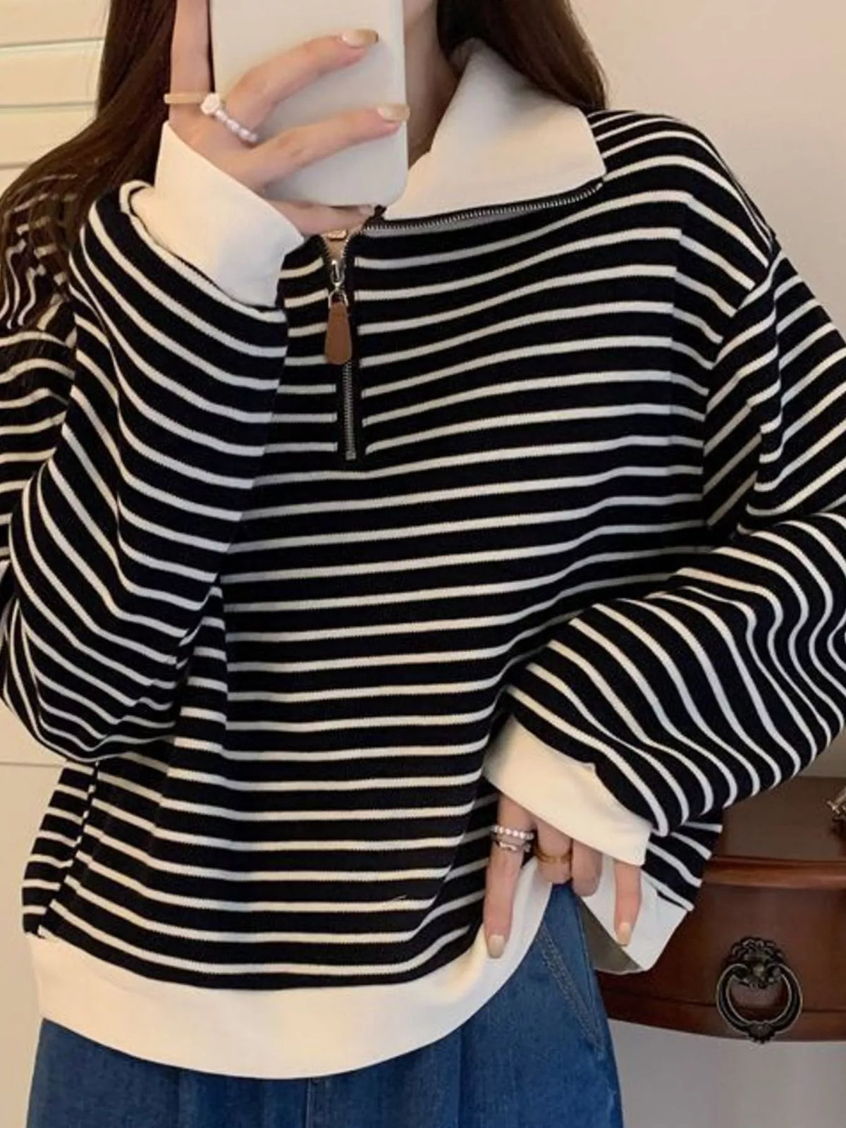 plus size striped quarter-zip pullover sweatshirt | dropsona - neutral - close-up detail