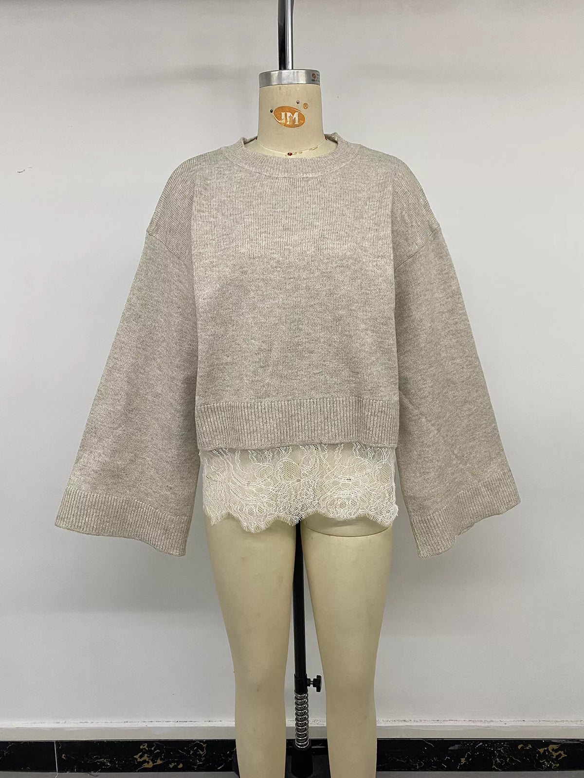 layered lace hem crew neck sweater – detail | dropsona - neutral - material texture