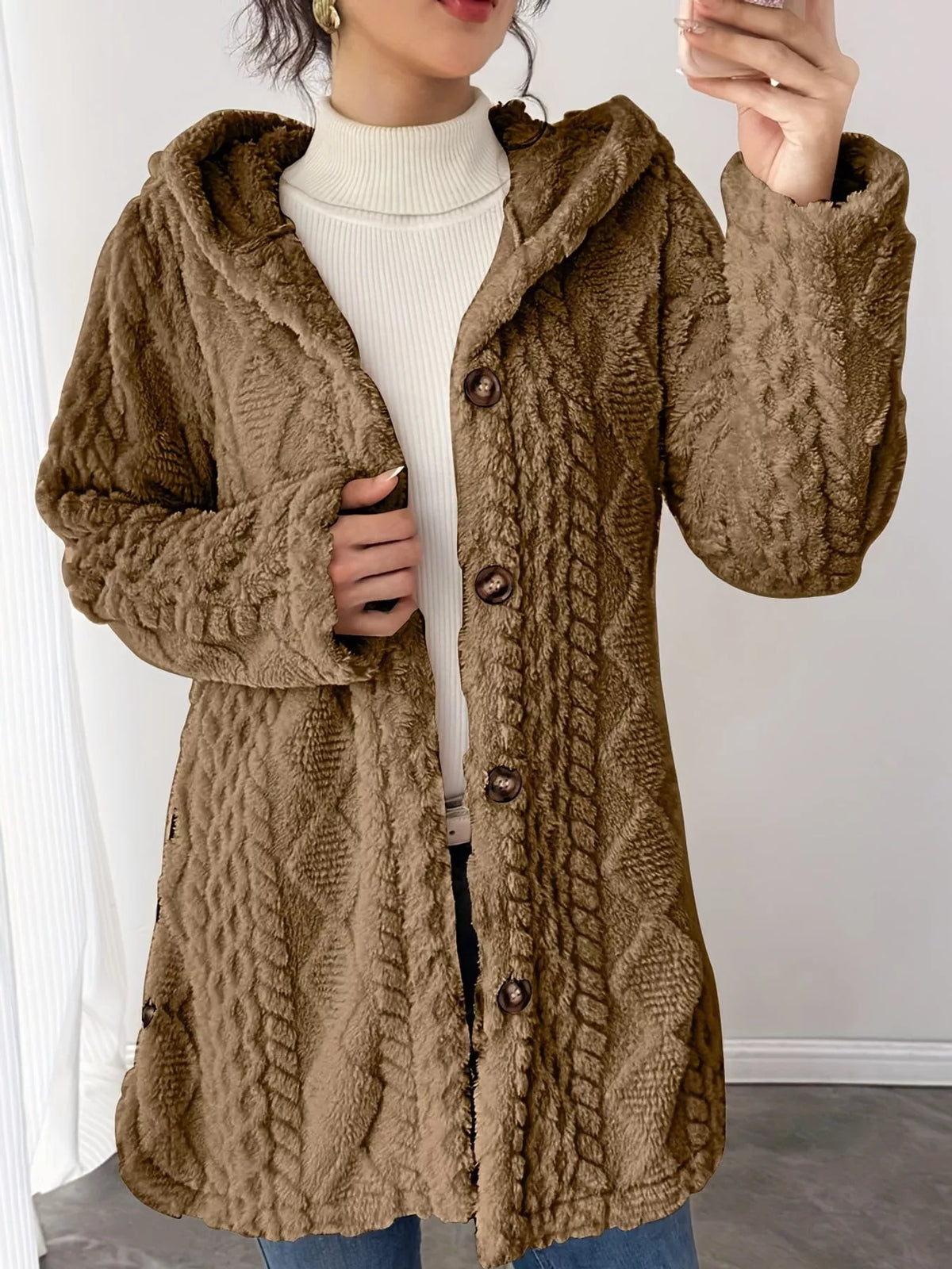 full size cozy cable-knit faux fur hooded outerwear | dropsona - neutral - close-up detail