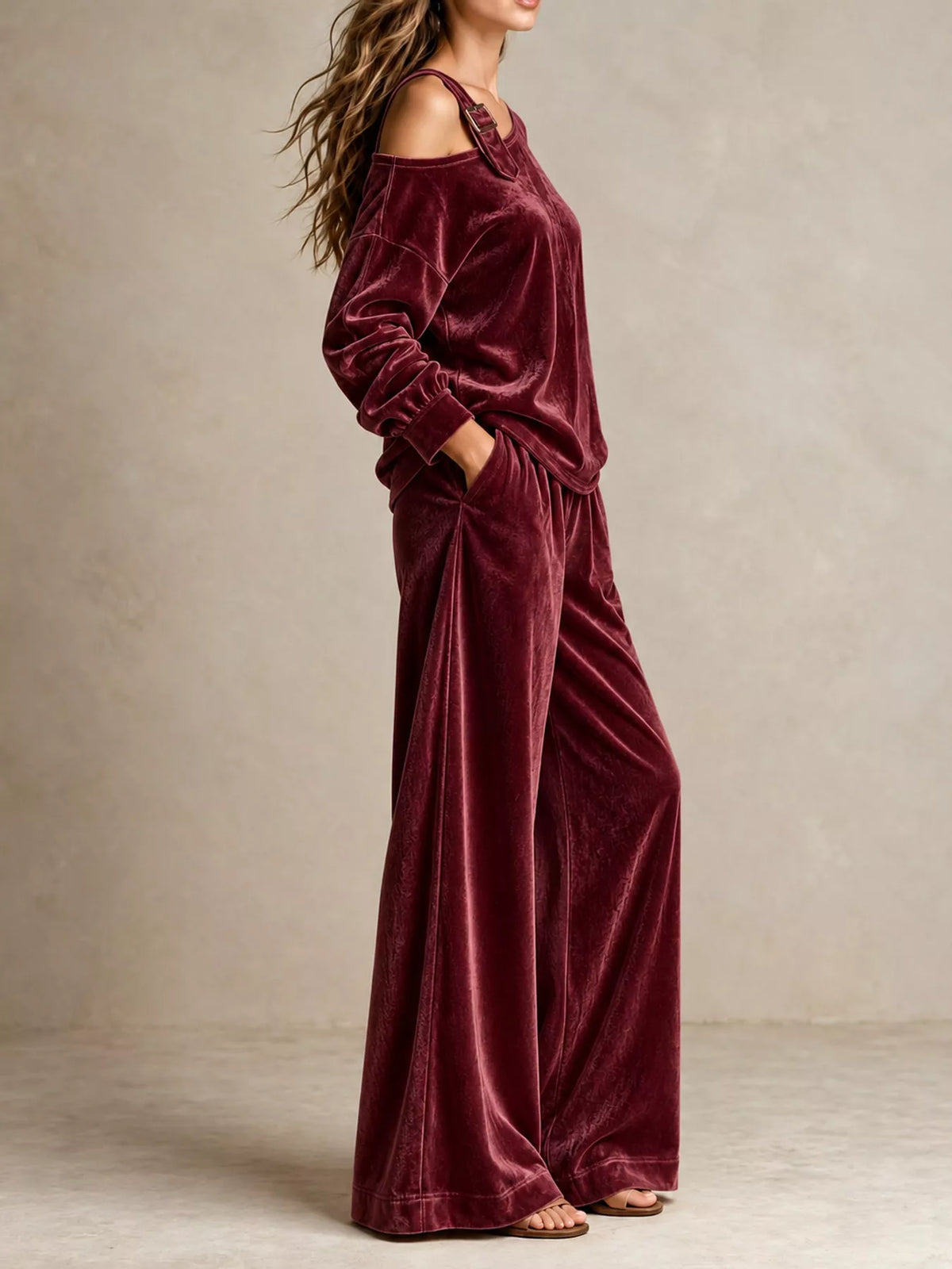 asymmetrical neck top and pants set | dropsona - neutral - material texture