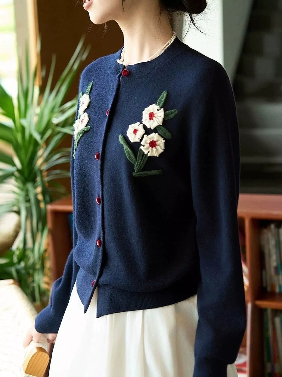 floral button up cardigan – applique,buttoned fit | dropsona - neutral - front view