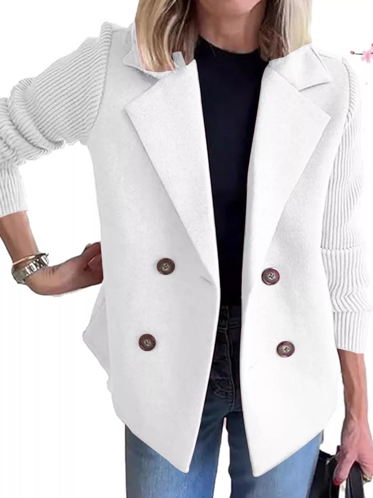 full size double-breasted hybrid blazer with ribbed | dropsona - neutral - close-up detail
