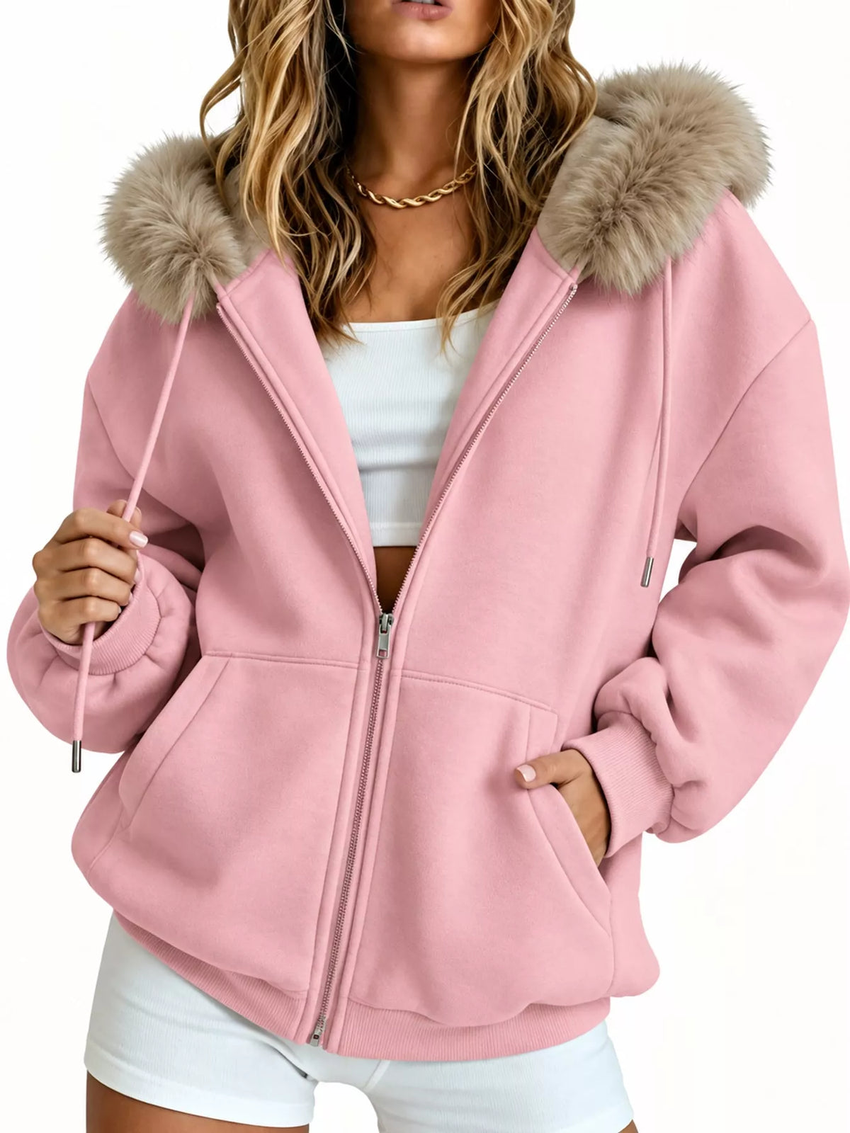 full size faux fur hood zip-up hoodie plus | dropsona - neutral - size reference