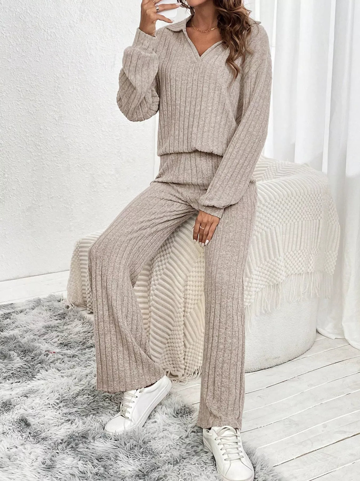 ribbed knit collared top and wide leg pants set | dropsona - neutral - close-up detail