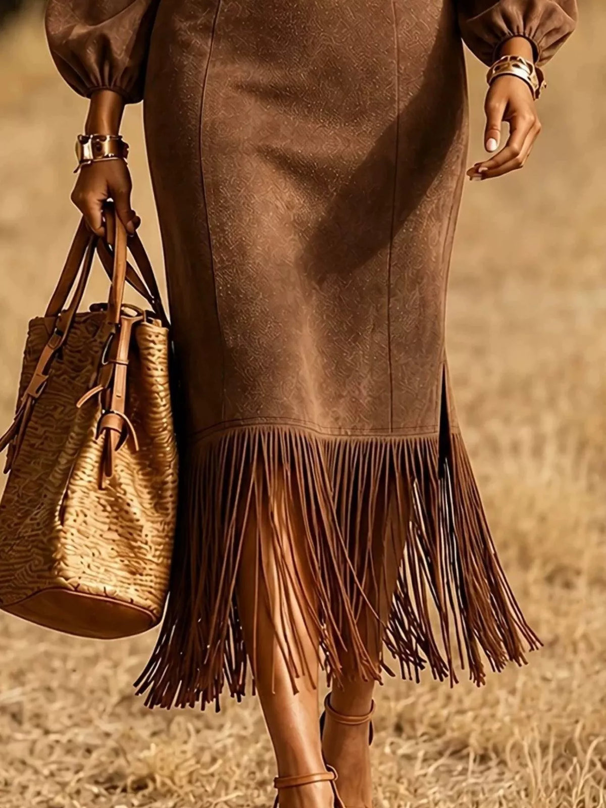 fringe hem balloon sleeve midi dress – | dropsona - neutral - front view