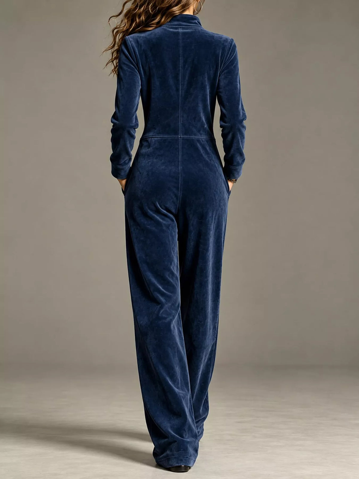 full size chic velour zip-up jumpsuit with pockets | dropsona - neutral - close-up detail