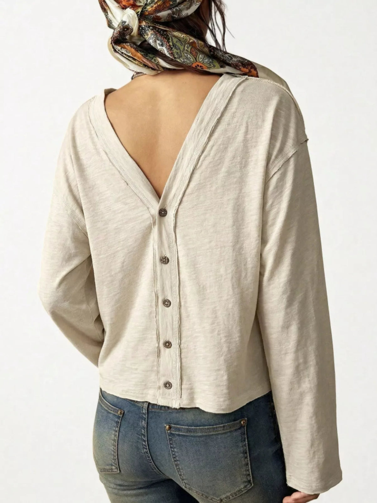 exposed seam long sleeve shirt with two way to wear | dropsona - neutral - close-up detail