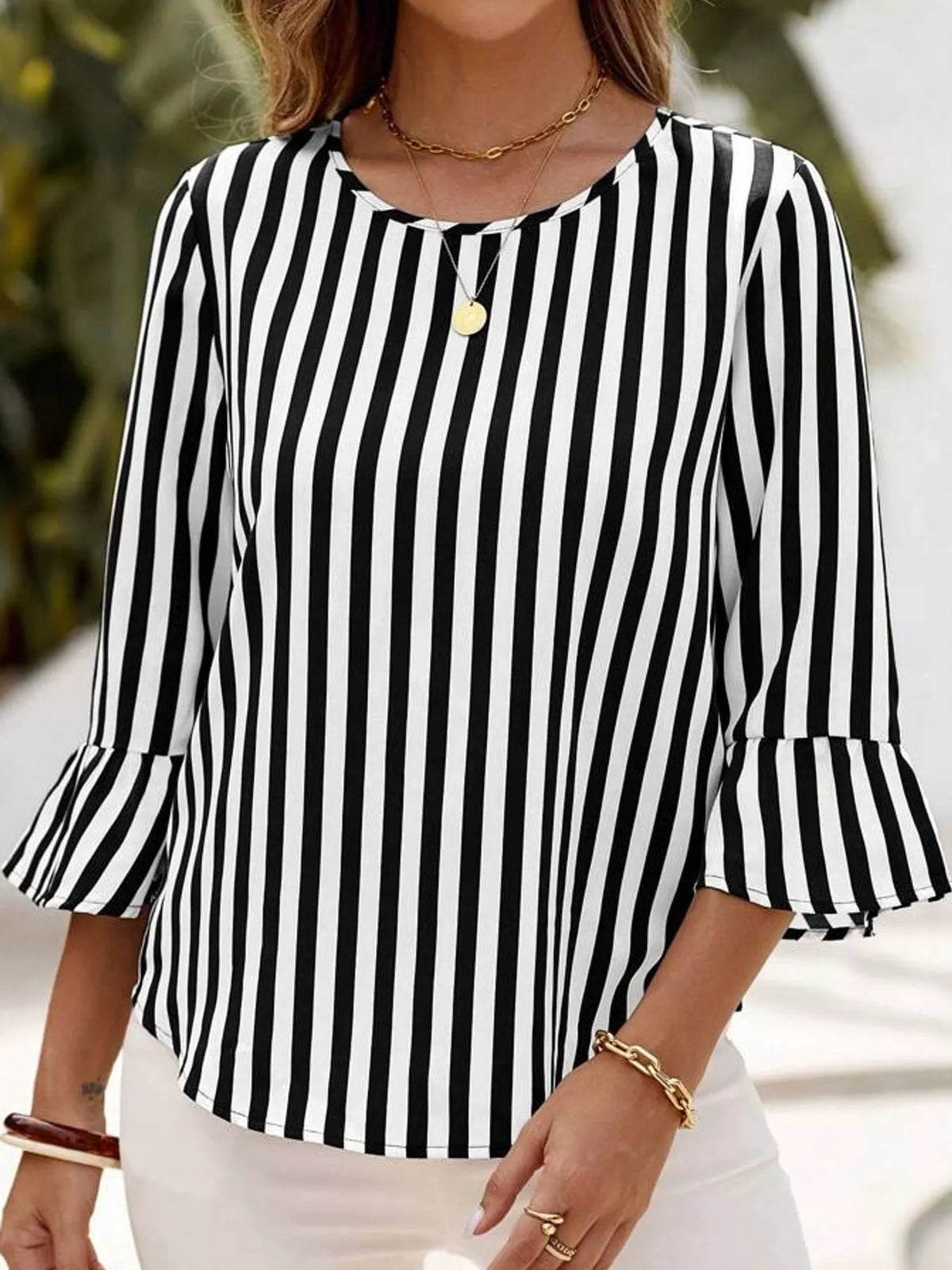 striped bell sleeve blouse – ruffled,basic style fit | dropsona - neutral - close-up detail