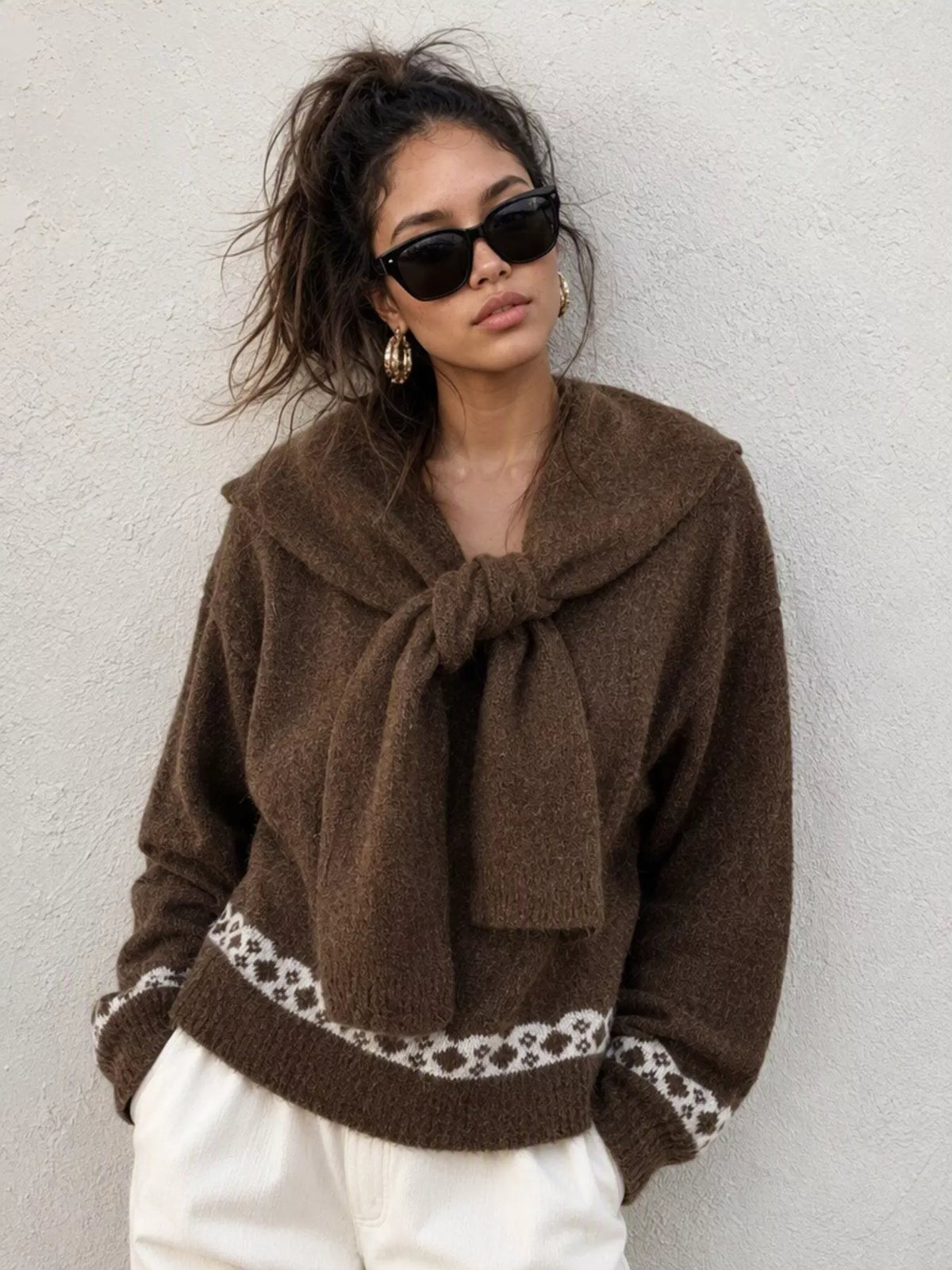 scarf detail dropped shoulder sweater – basic style | dropsona - neutral - close-up detail
