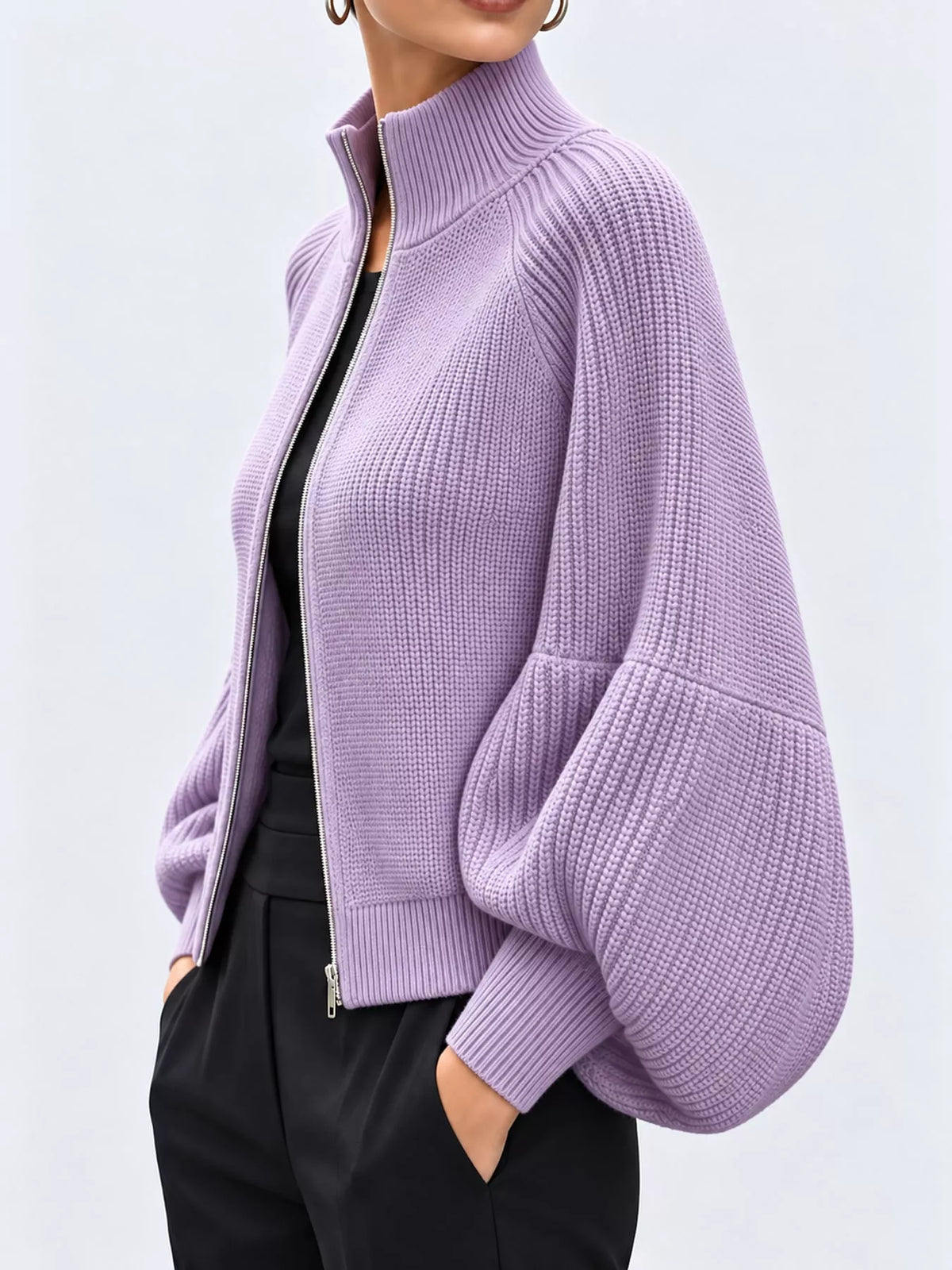 full size elegant ribbed knit zip-up cardigan with | dropsona - neutral - packaging