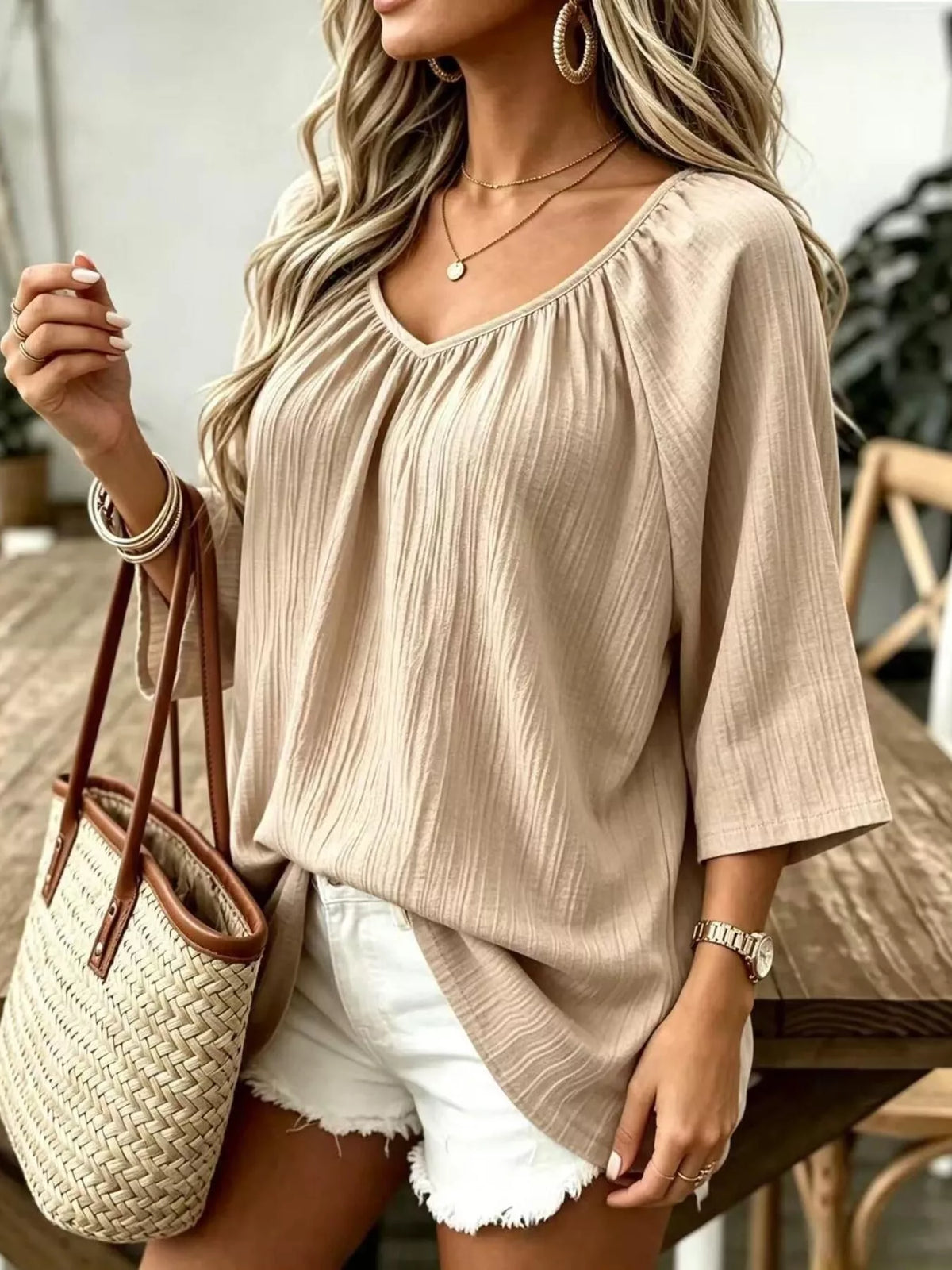 full size textured v-neck casual t-shirt plus | dropsona - neutral - packaging