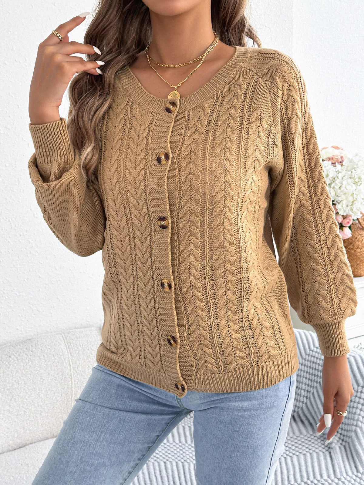 cable knit button-front cardigan – cable-knit,buttoned | dropsona - neutral - size reference