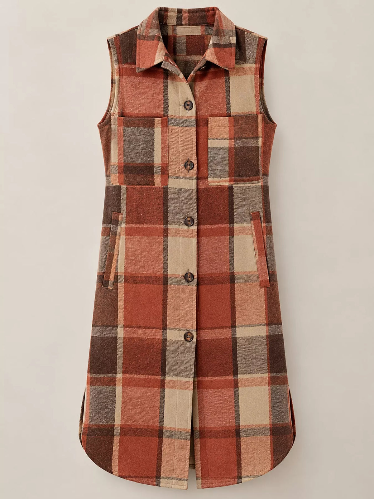 longline plaid button-down vest coat | dropsona - neutral - close-up detail