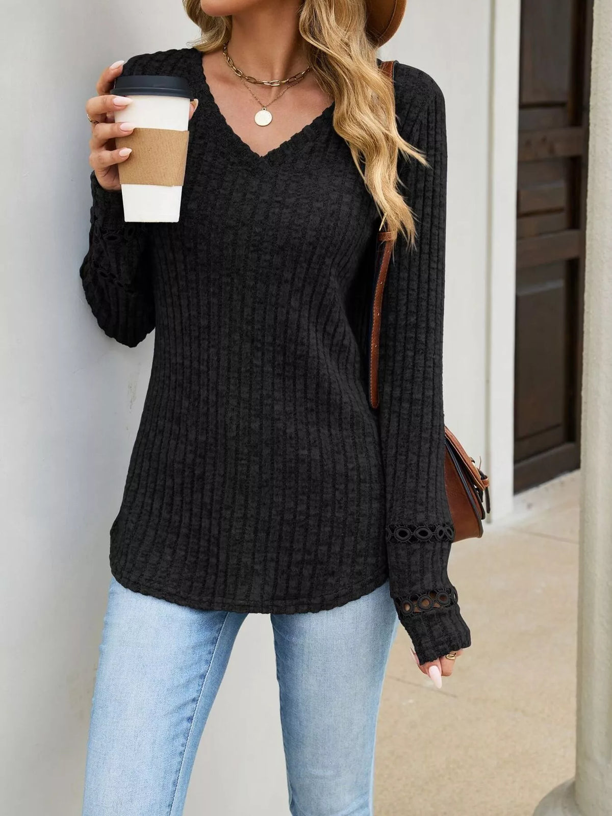 v-neck ribbed knit top with eyelet cuff detail | dropsona - neutral - usage example