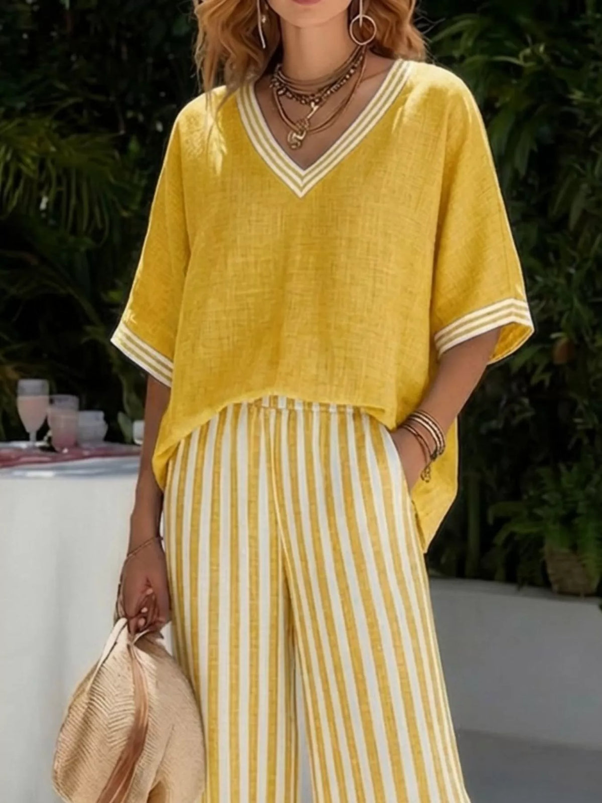 full size v-neck striped top and pants two-piece set | dropsona - neutral - material texture