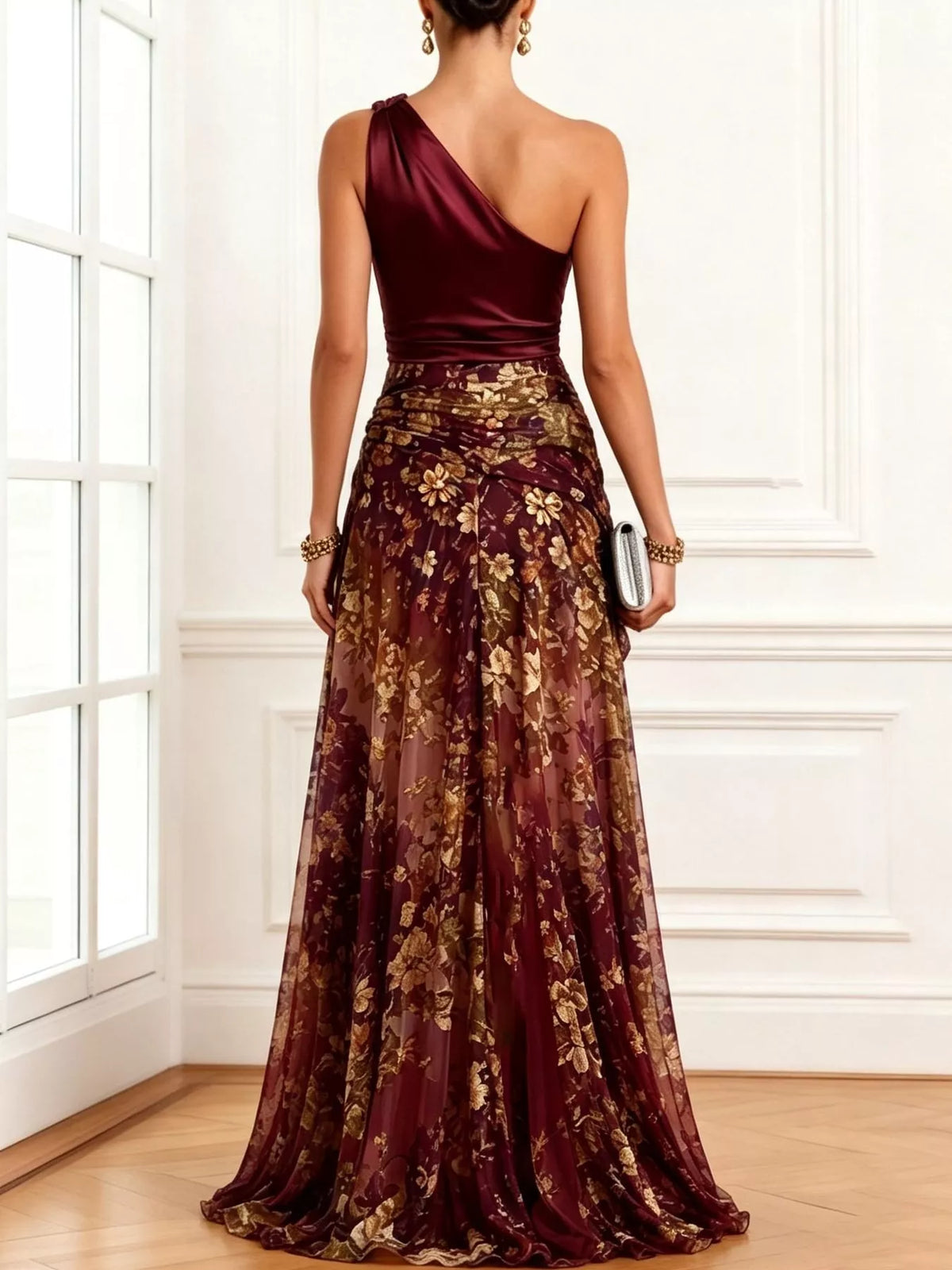 elegant one-shoulder floral print high-slit evening | dropsona - neutral - usage example