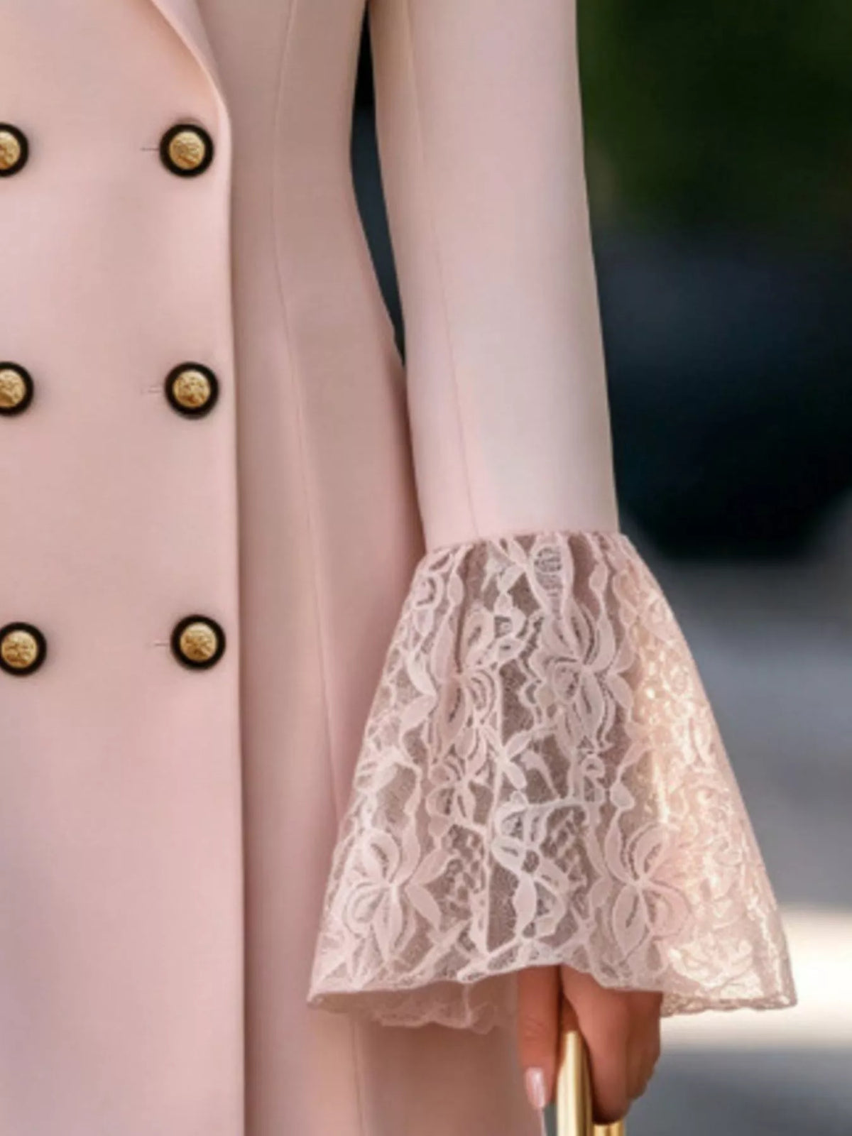 double-breasted blazer dress with lace flare cuffs | dropsona - neutral - usage example