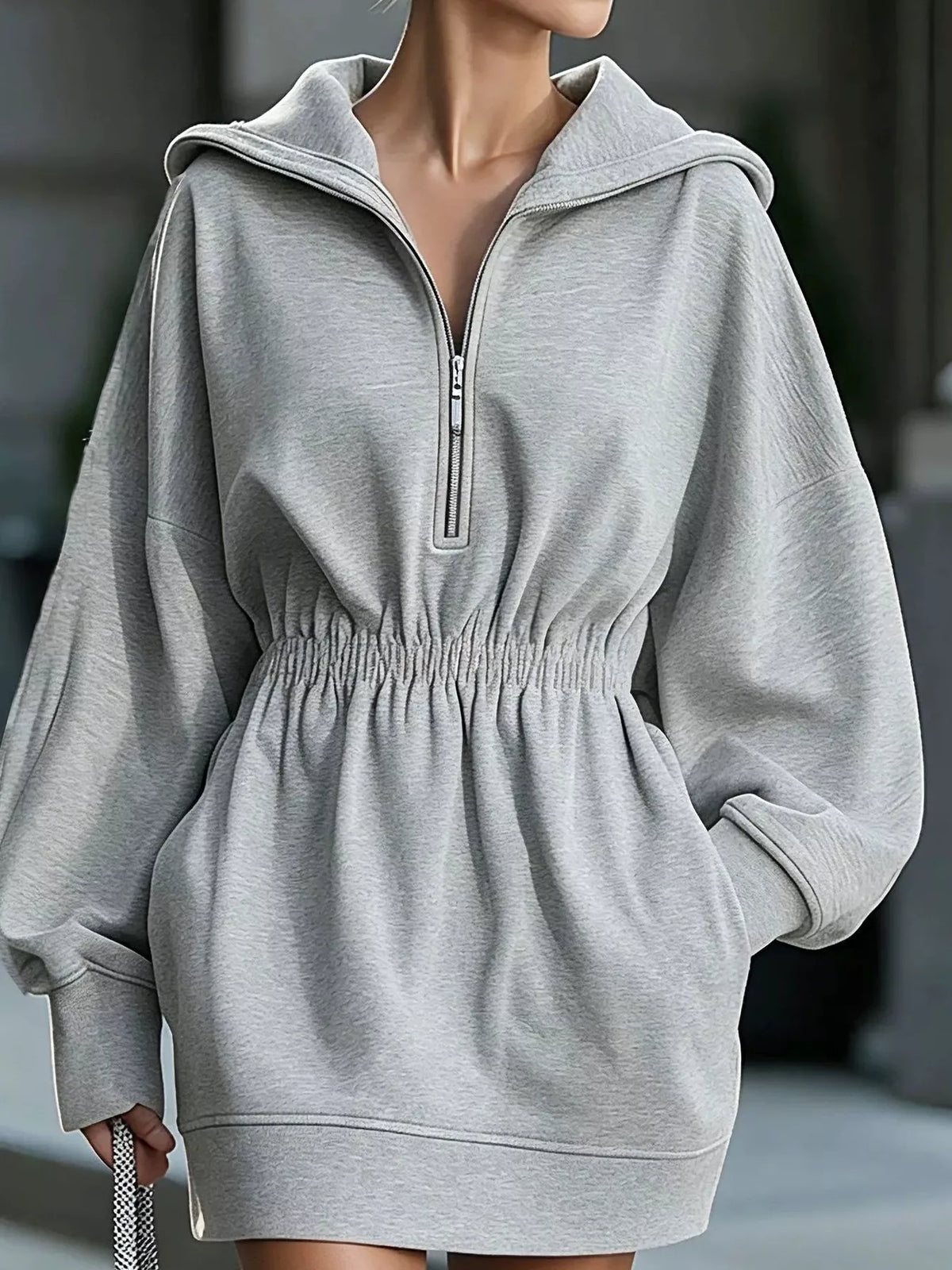 casual hooded quarter-zip sweatshirt dress | dropsona - neutral - material texture