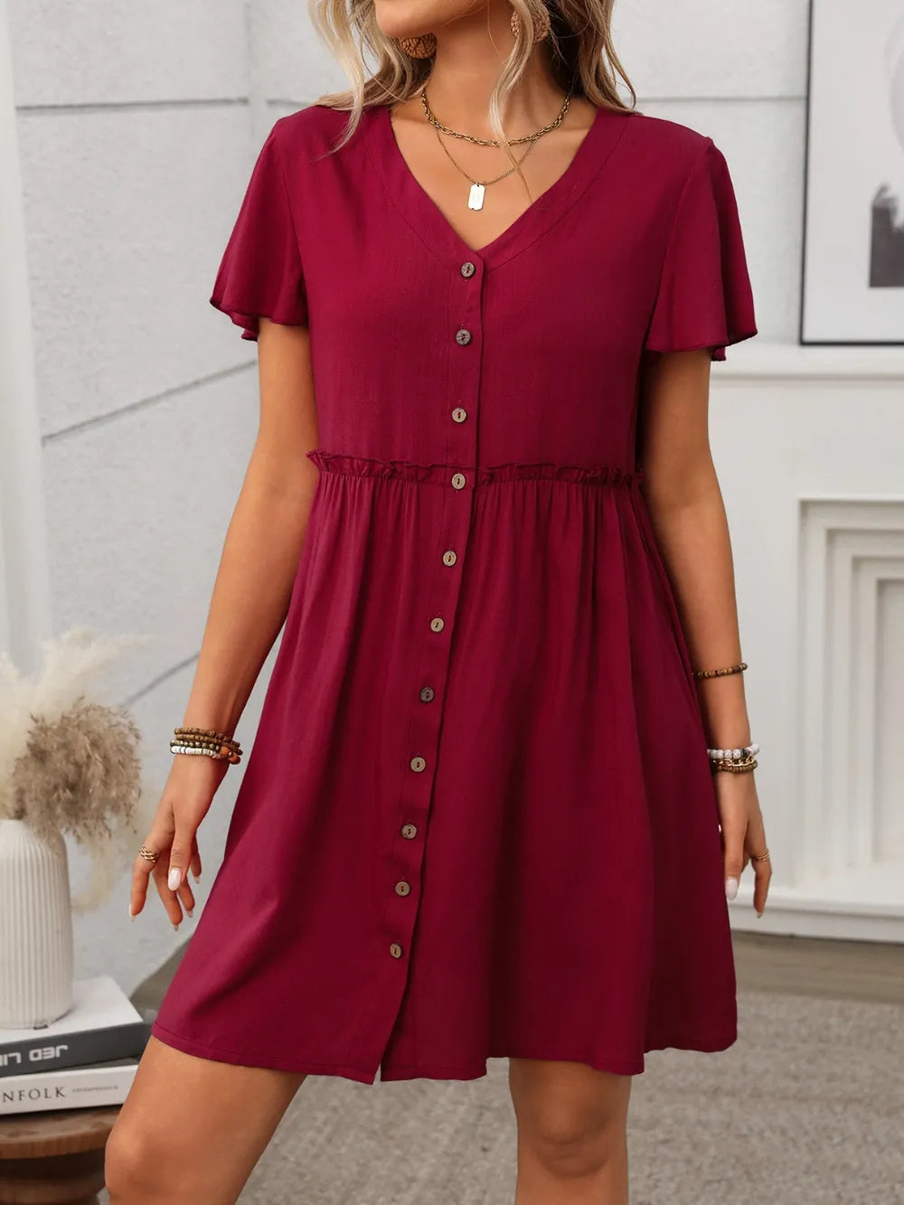 button front flutter sleeve dress - front view