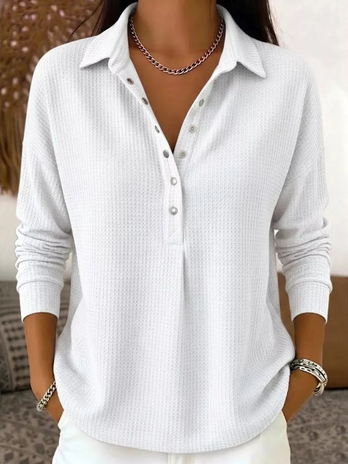 waffle knit snap down blouse – buttoned | dropsona - neutral - packaging