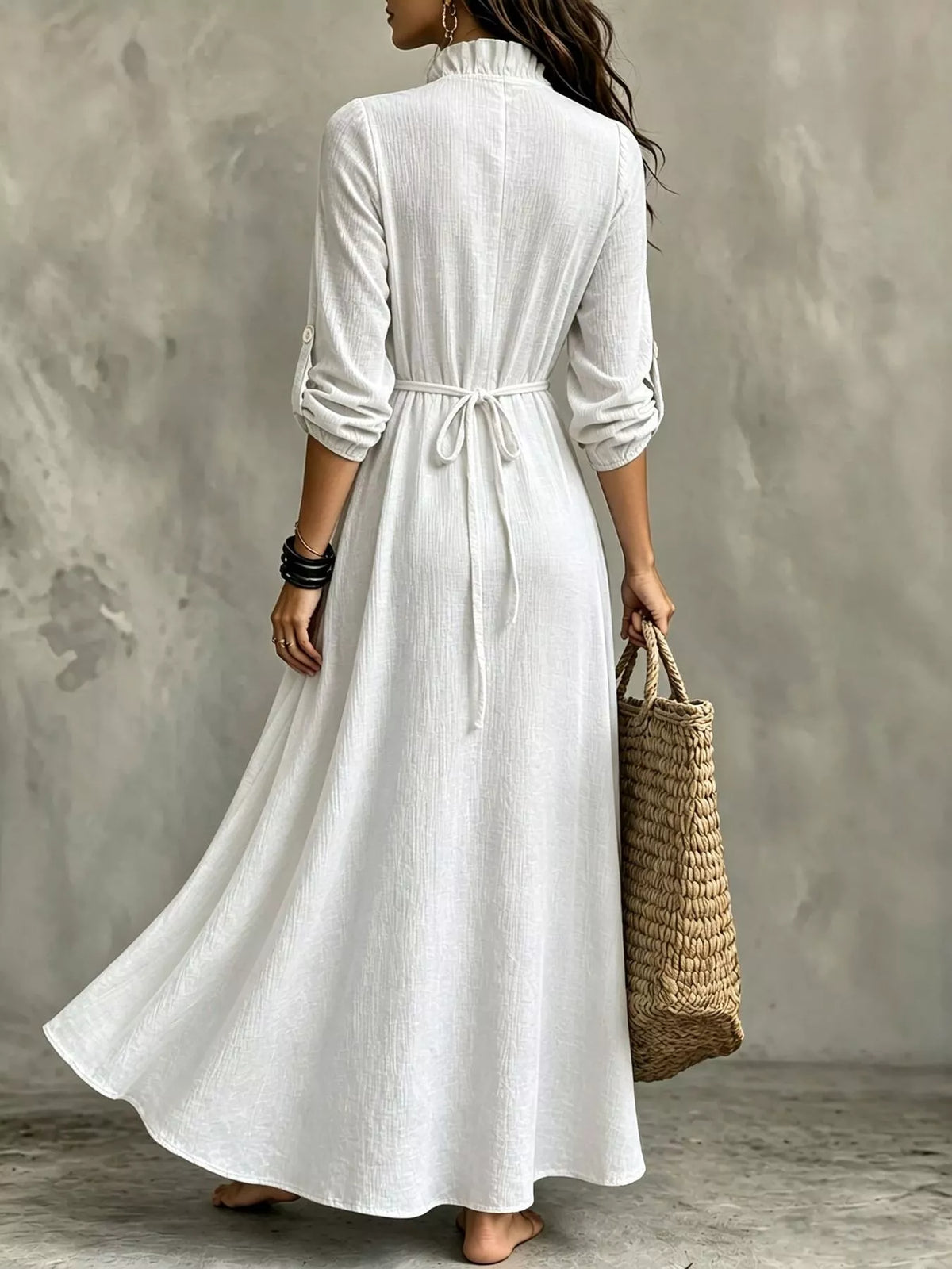 full size frill v-neck long sleeve maxi dress plus | dropsona - neutral - close-up detail