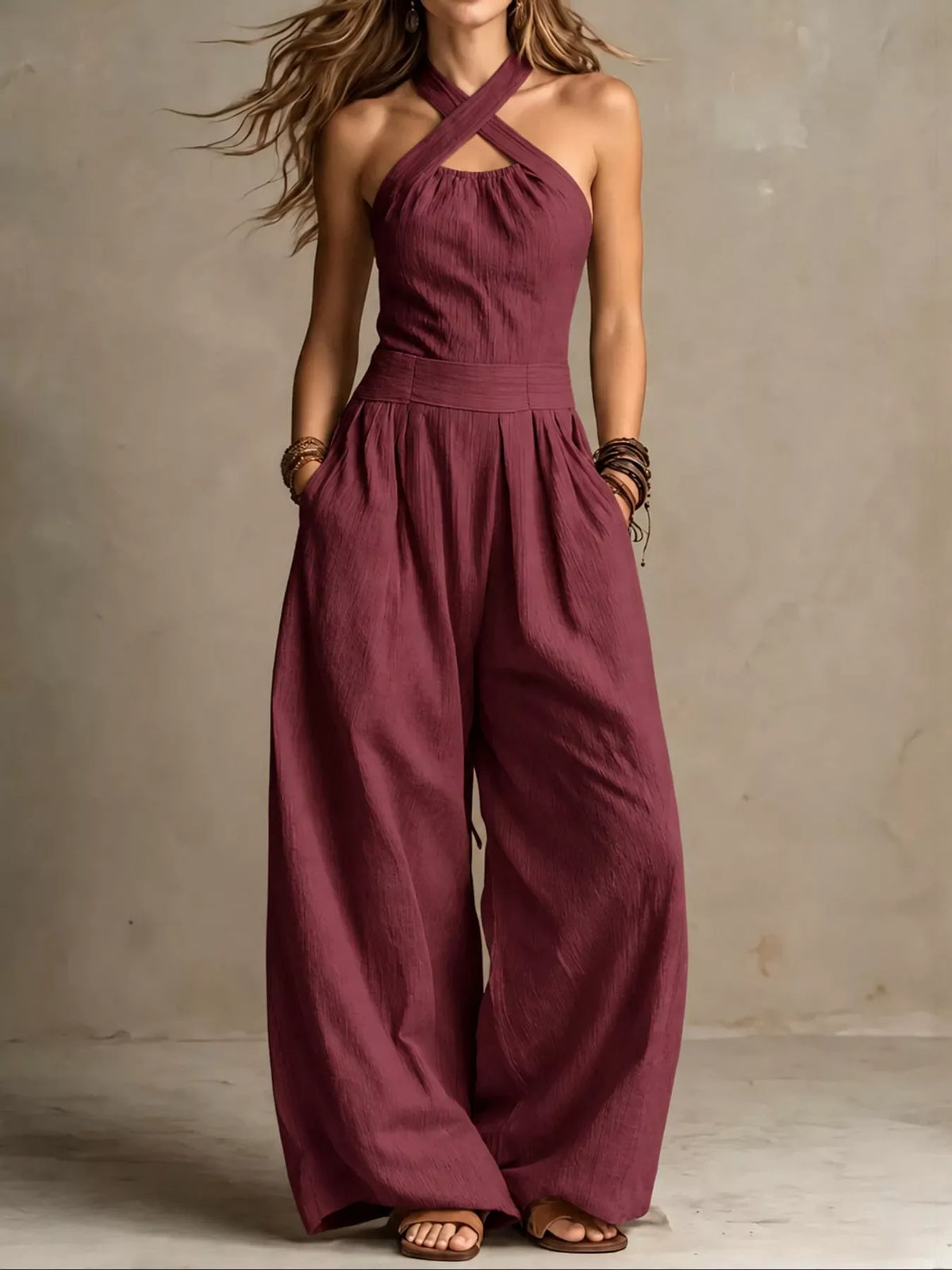 full size halter neck wide-leg jumpsuit plus | dropsona - neutral - front view