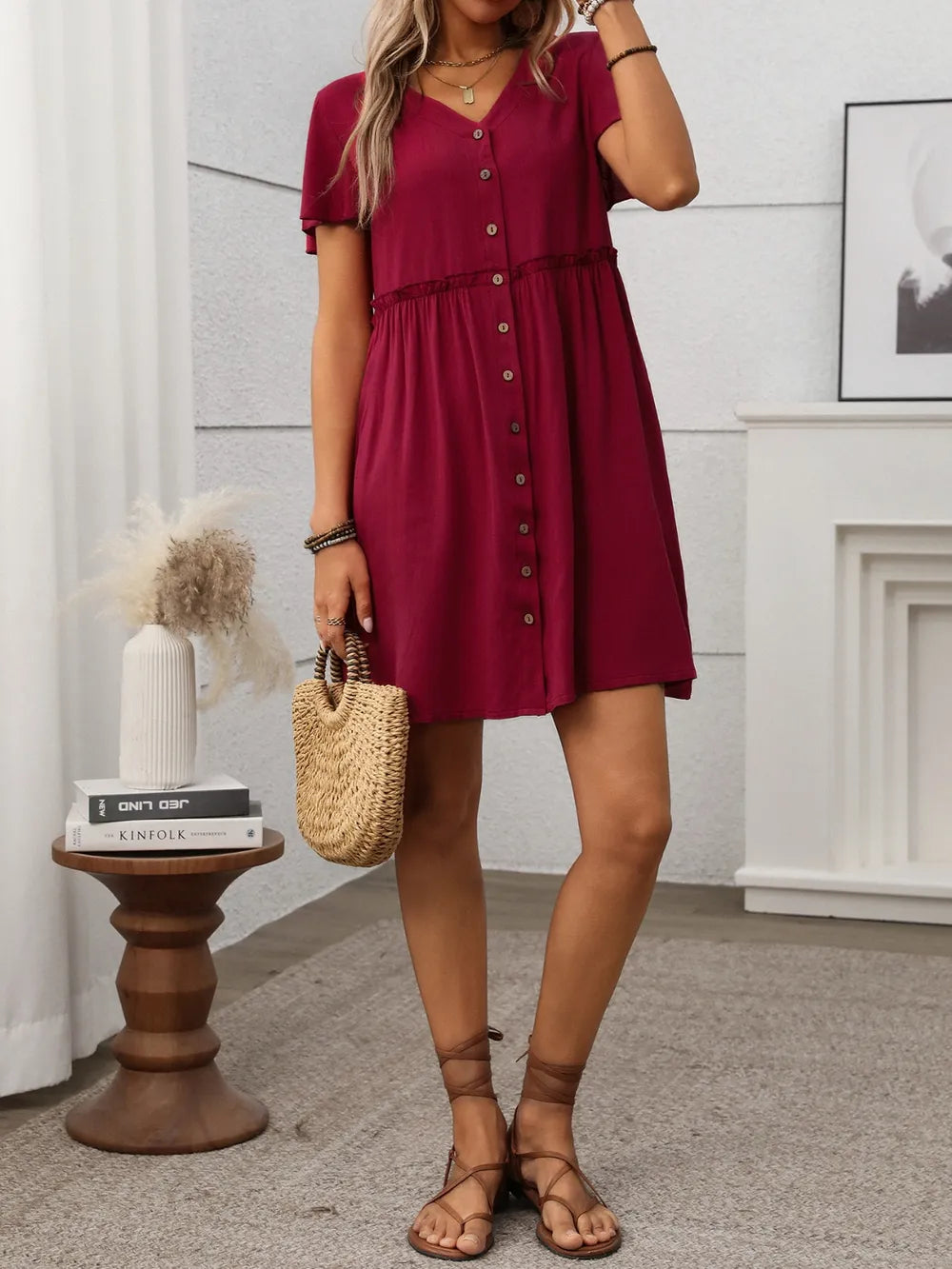 button front flutter sleeve dress - close-up detail