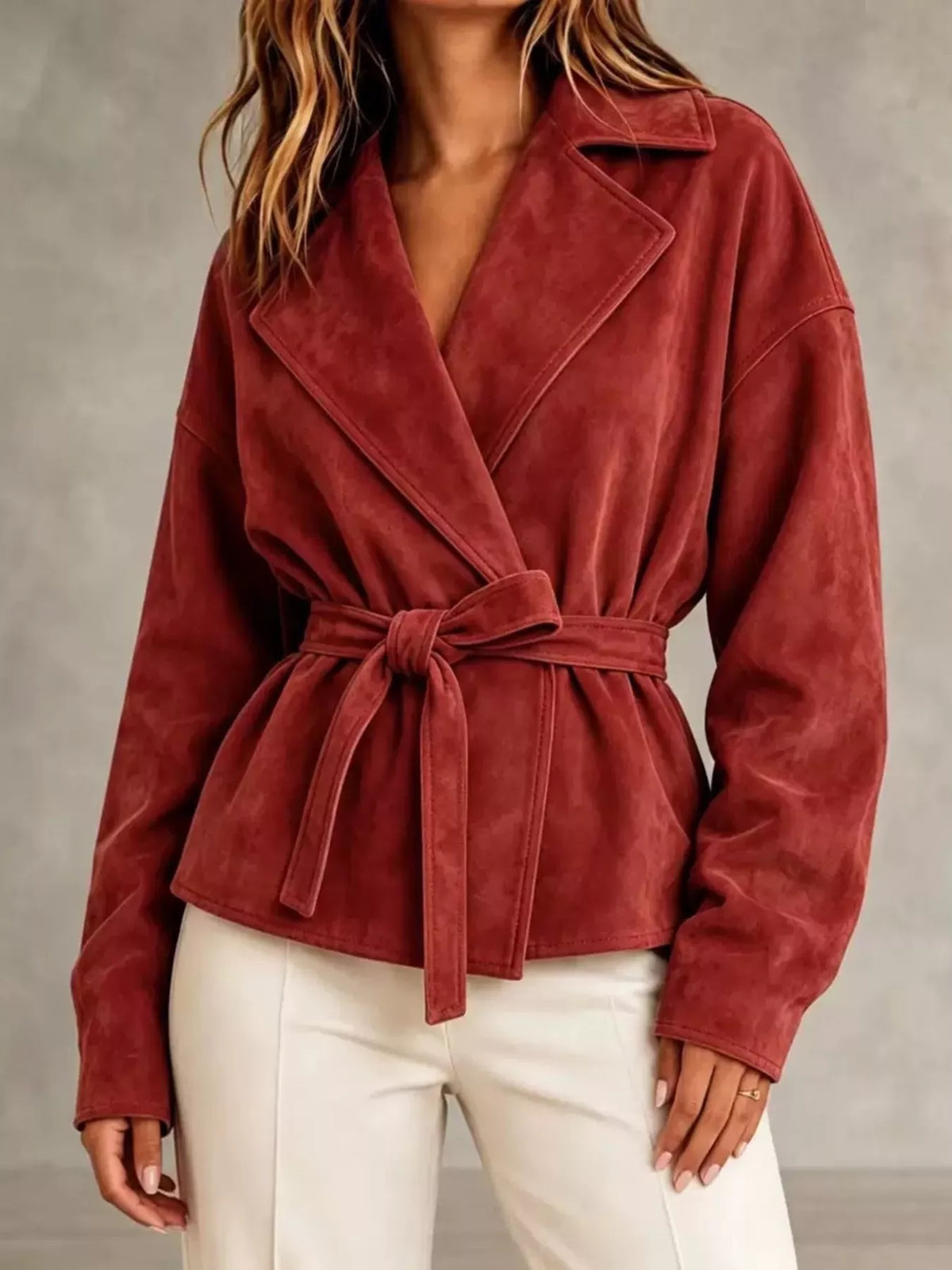 tie-waist lapel collar jacket – yeesh | dropsona - neutral - usage example