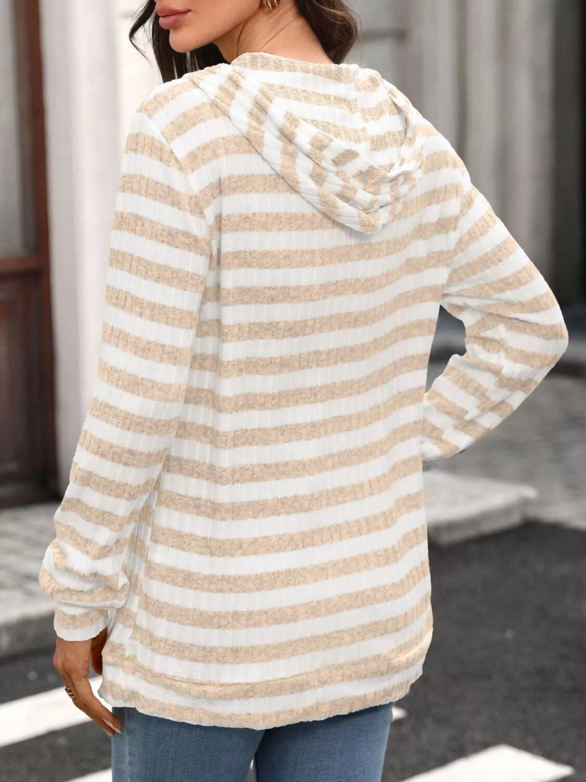 casual striped ribbed knit hoodie with kangaroo pocket | dropsona - neutral - close-up detail