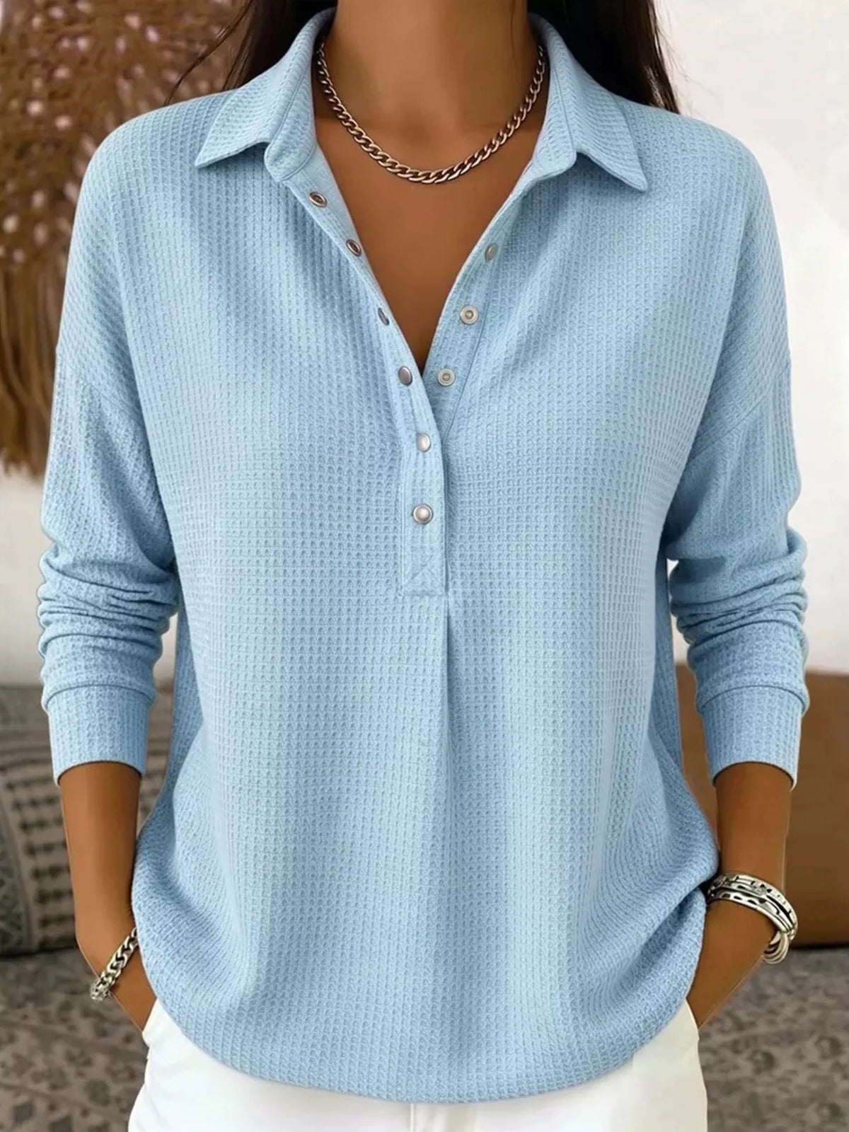 waffle knit snap down blouse – buttoned | dropsona - neutral - size reference