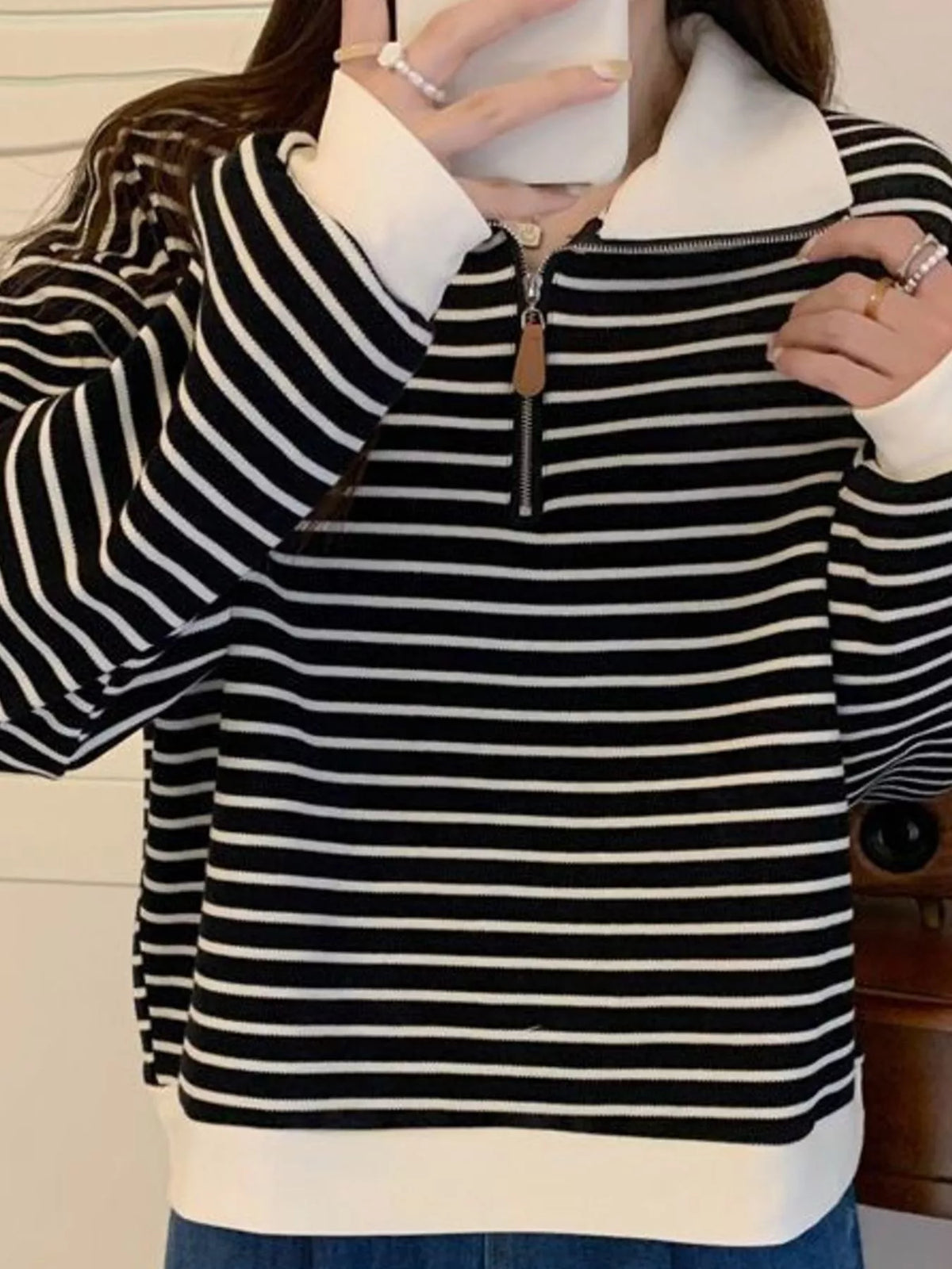 plus size striped quarter-zip pullover sweatshirt | dropsona - neutral - size reference