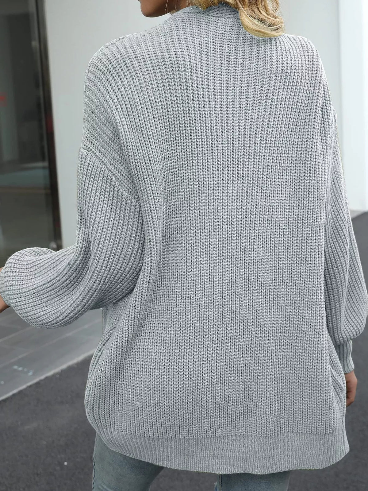 chunky knit open front cardigan with lantern sleeves | dropsona - neutral - usage example