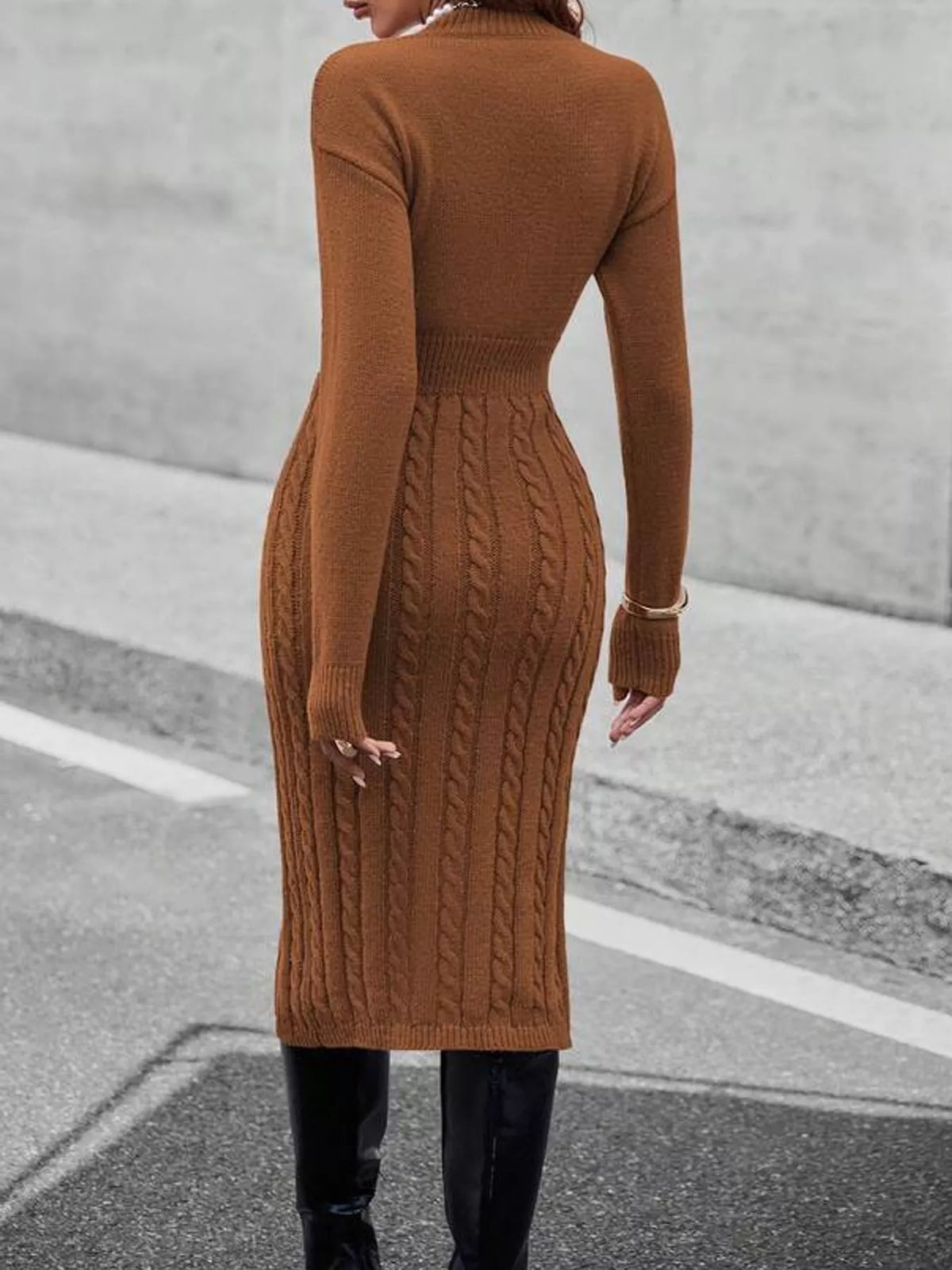 full size mock neck cable knit sweater dress with | dropsona - neutral - usage example