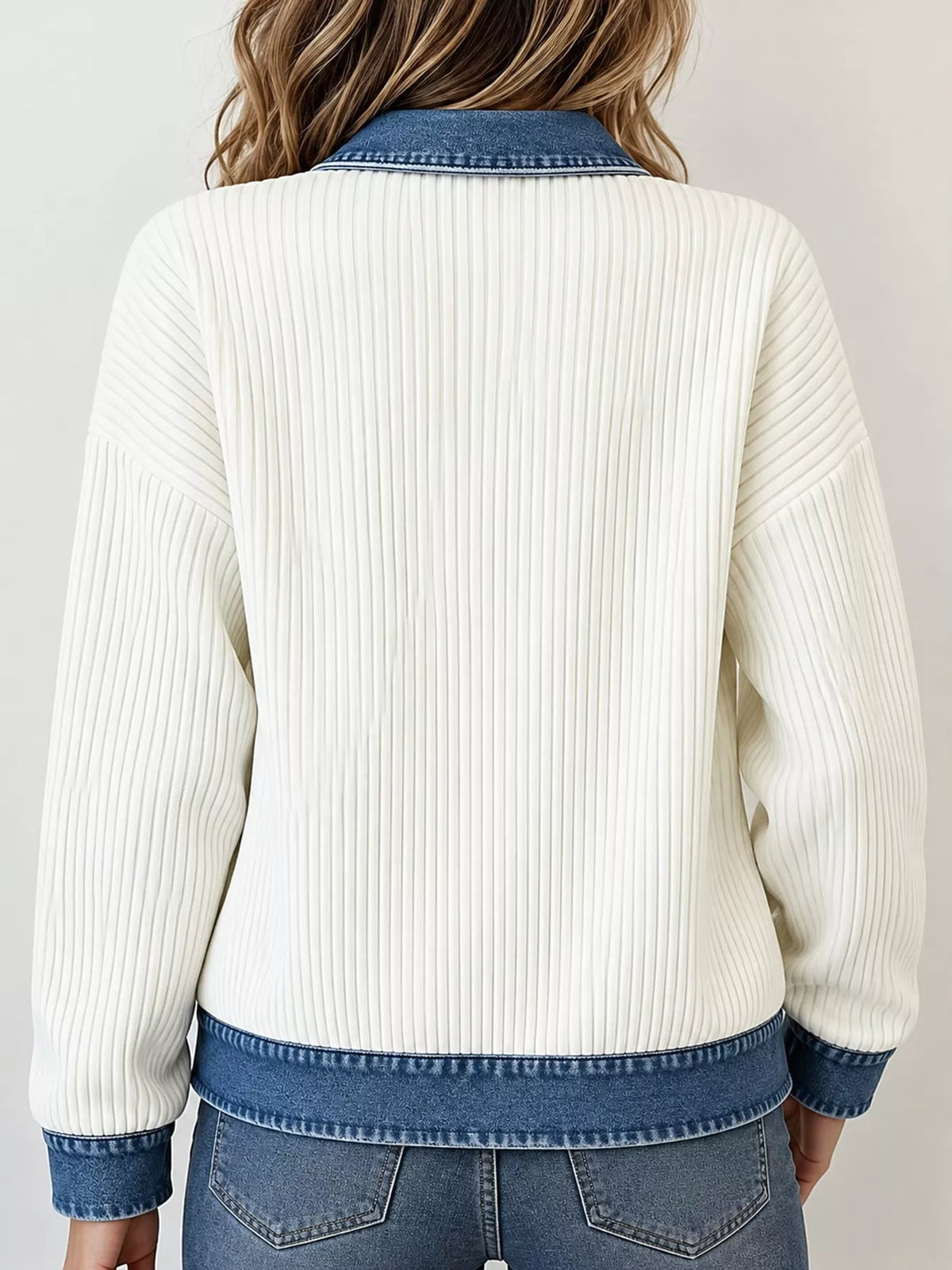 full size denim-collar ribbed knit zip-up jacket plus | dropsona - neutral - close-up detail