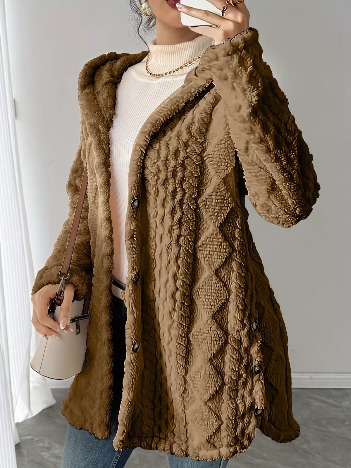 full size cozy cable-knit faux fur hooded outerwear | dropsona - neutral - material texture