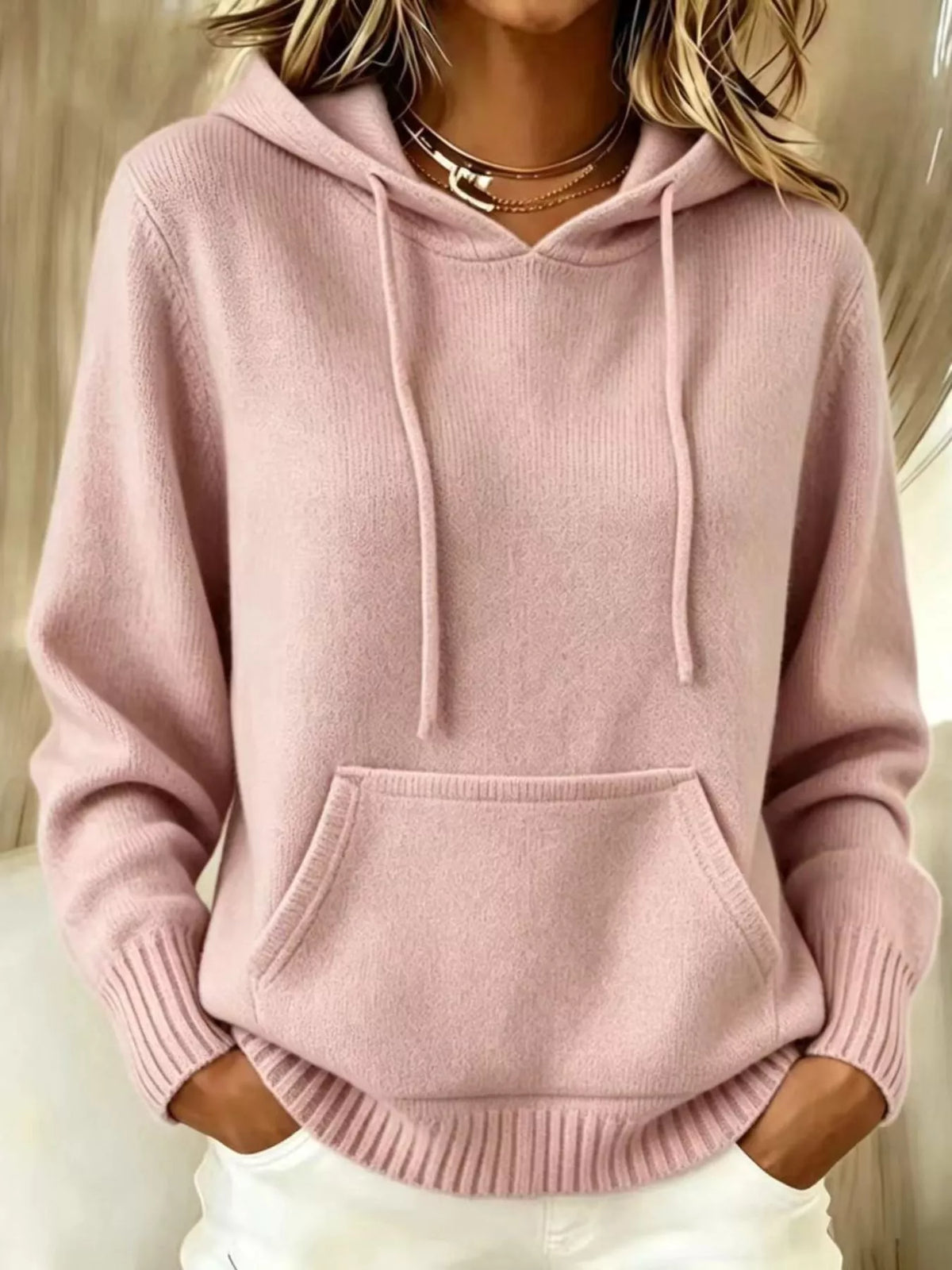 full size drawstring kangaroo pocket hooded sweater | dropsona - neutral - material texture
