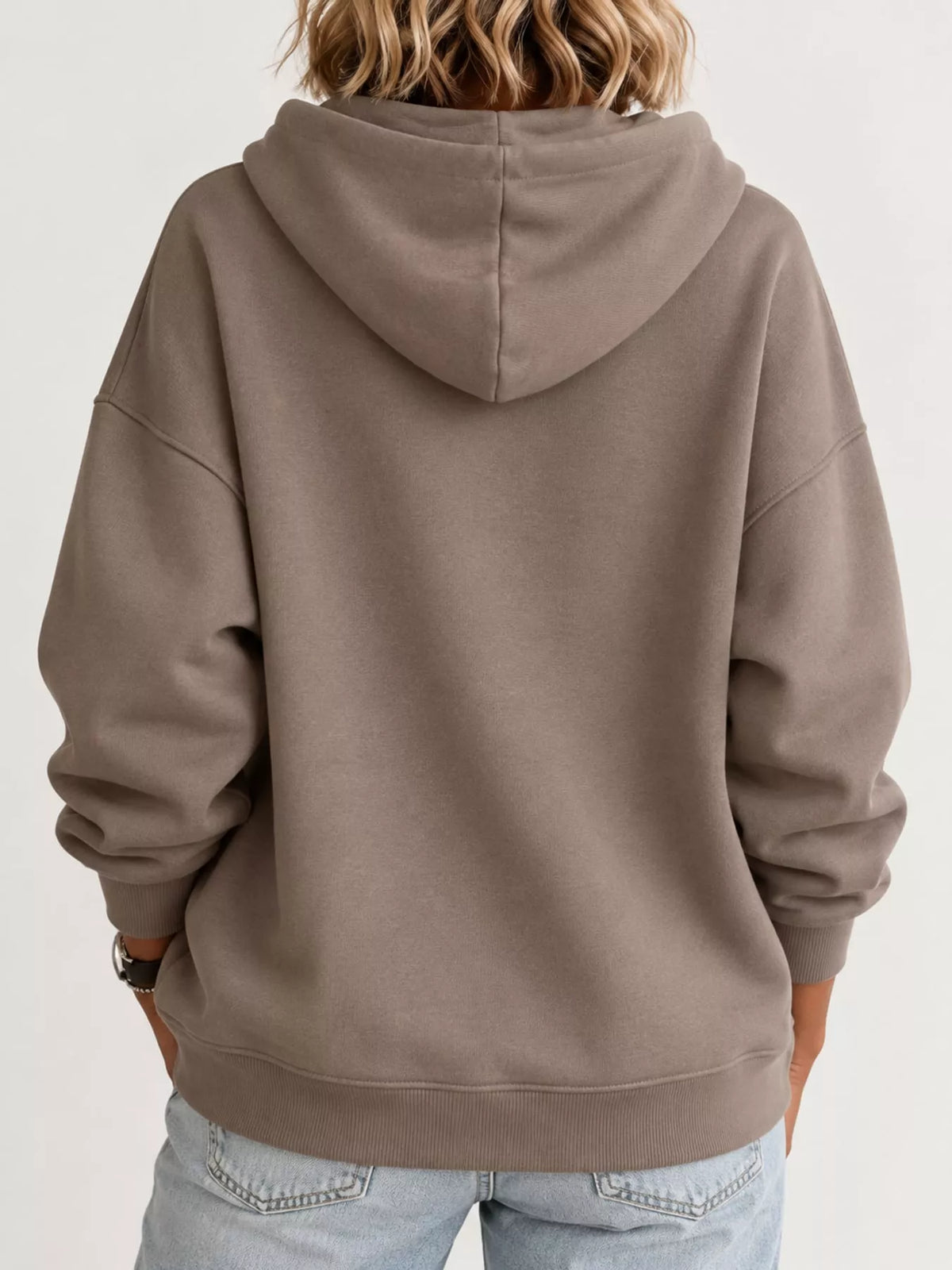 drawstring dropped shoulder hoodie | dropsona - neutral - close-up detail