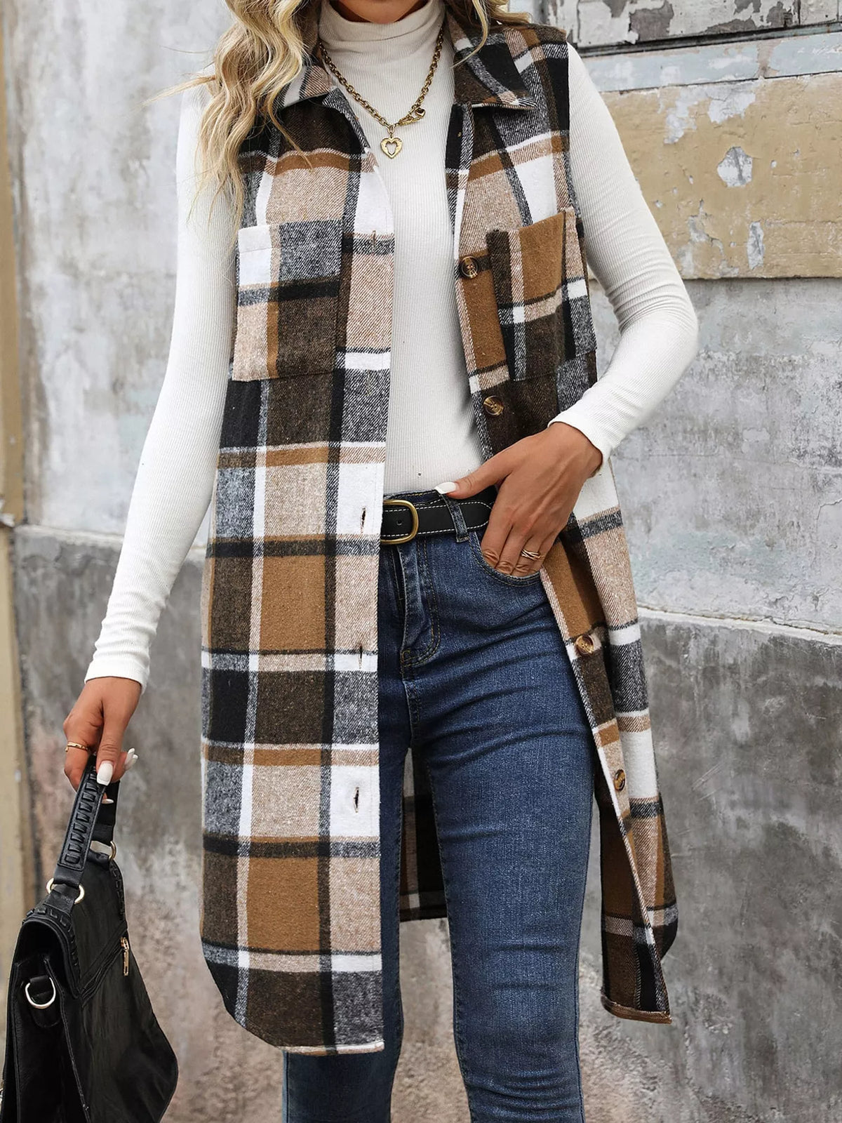 longline plaid button-down vest coat | dropsona - neutral - front view