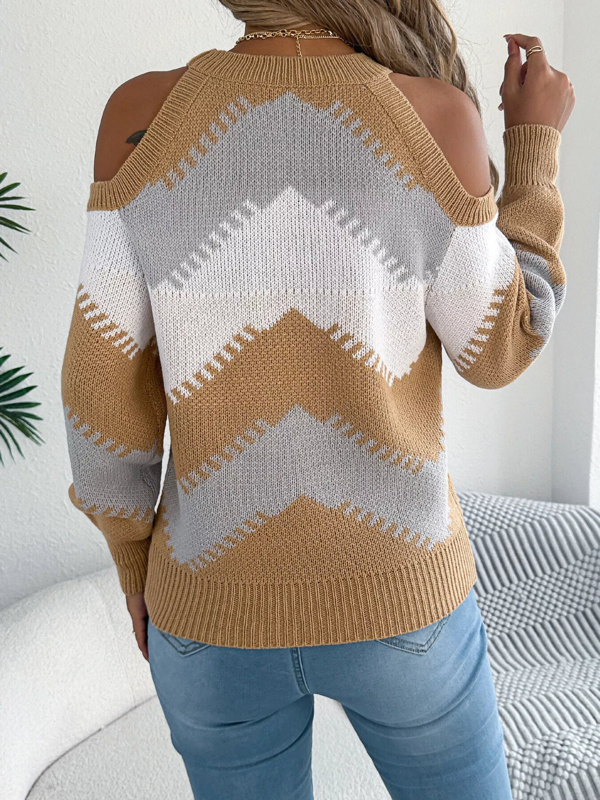 cold shoulder chevron pattern knit sweater | dropsona - neutral - usage example