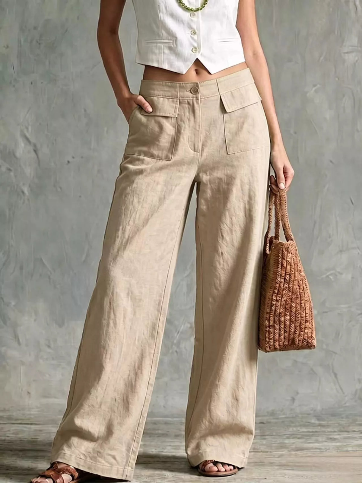 full size high-waisted wide-leg cargo pants plus | dropsona - neutral - close-up detail