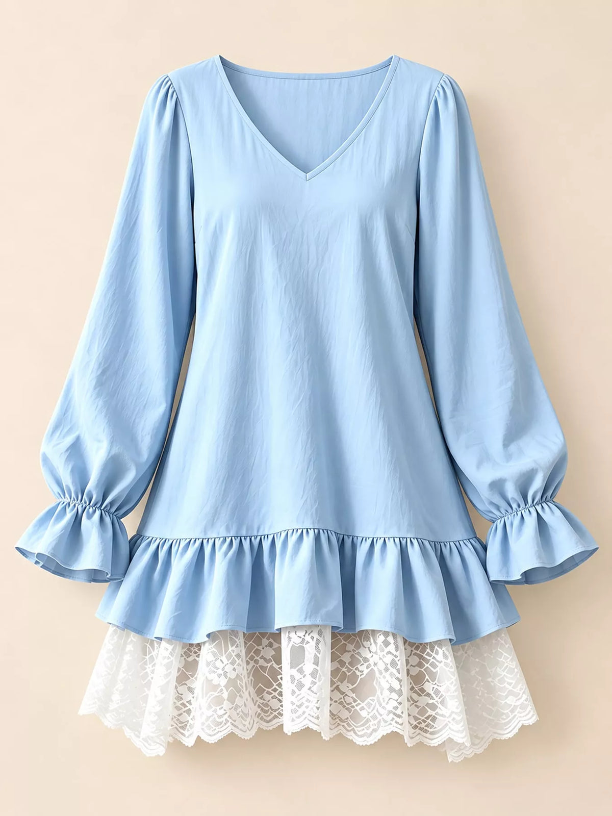 lace hem v-neck flounce sleeve dress | dropsona - neutral - size reference