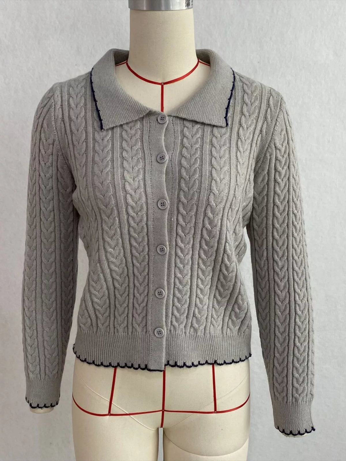 cable knit polo collar button-up cardigan | dropsona - neutral - size reference