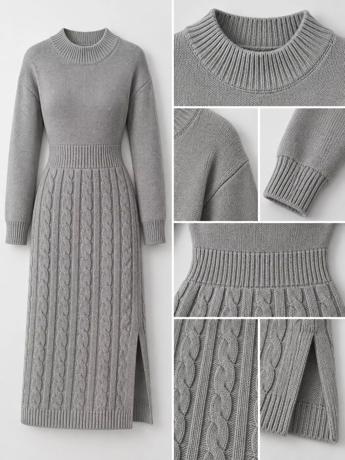 full size mock neck cable knit sweater dress with | dropsona - neutral - front view