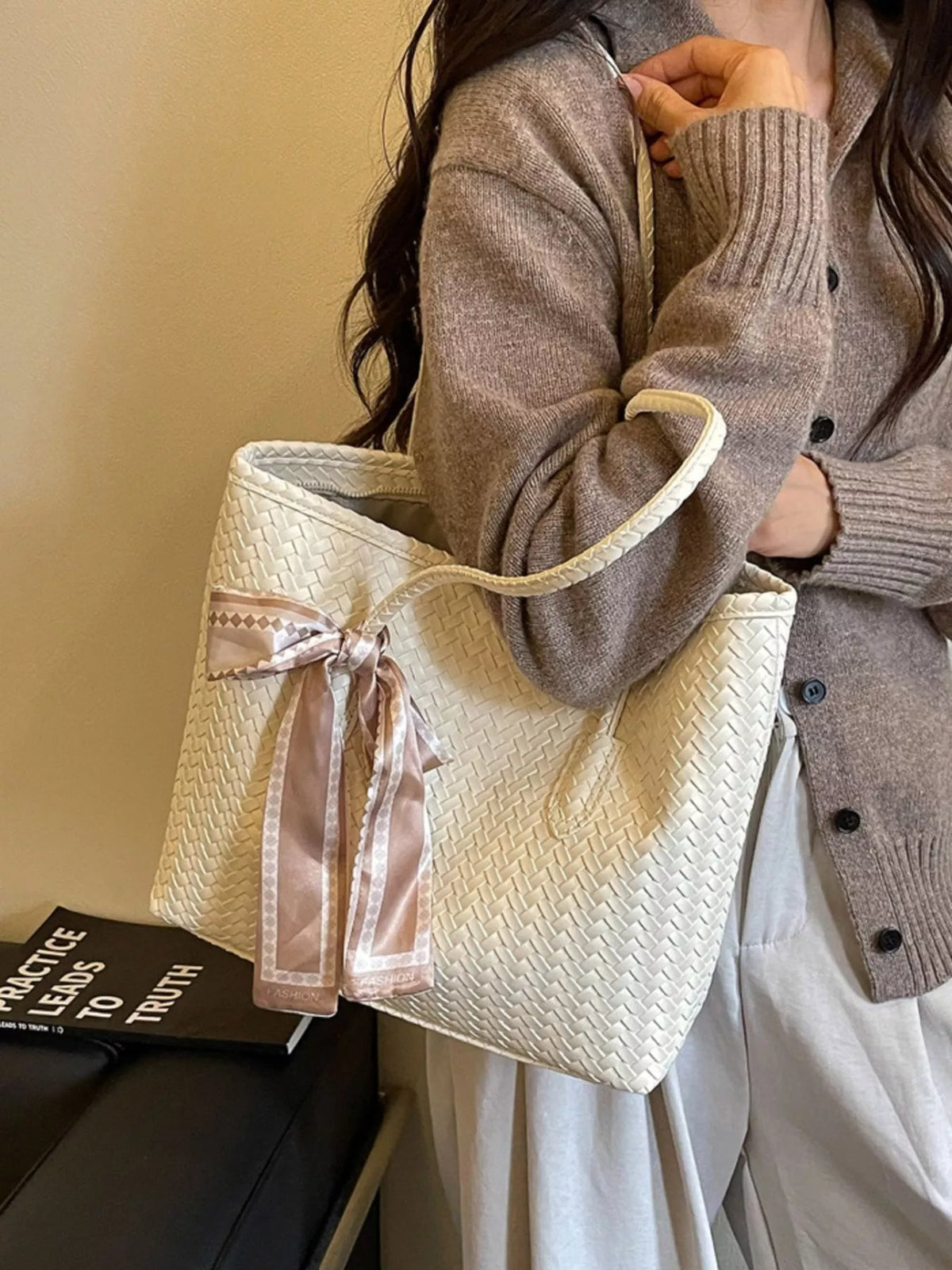woven texture shoulder bag – stylish sling | dropsona - neutral - front view