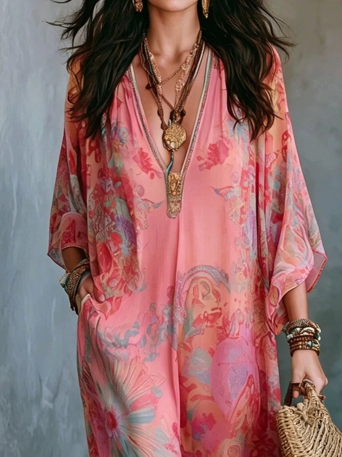 full size floral print v-neck maxi dress plus | dropsona - neutral - packaging