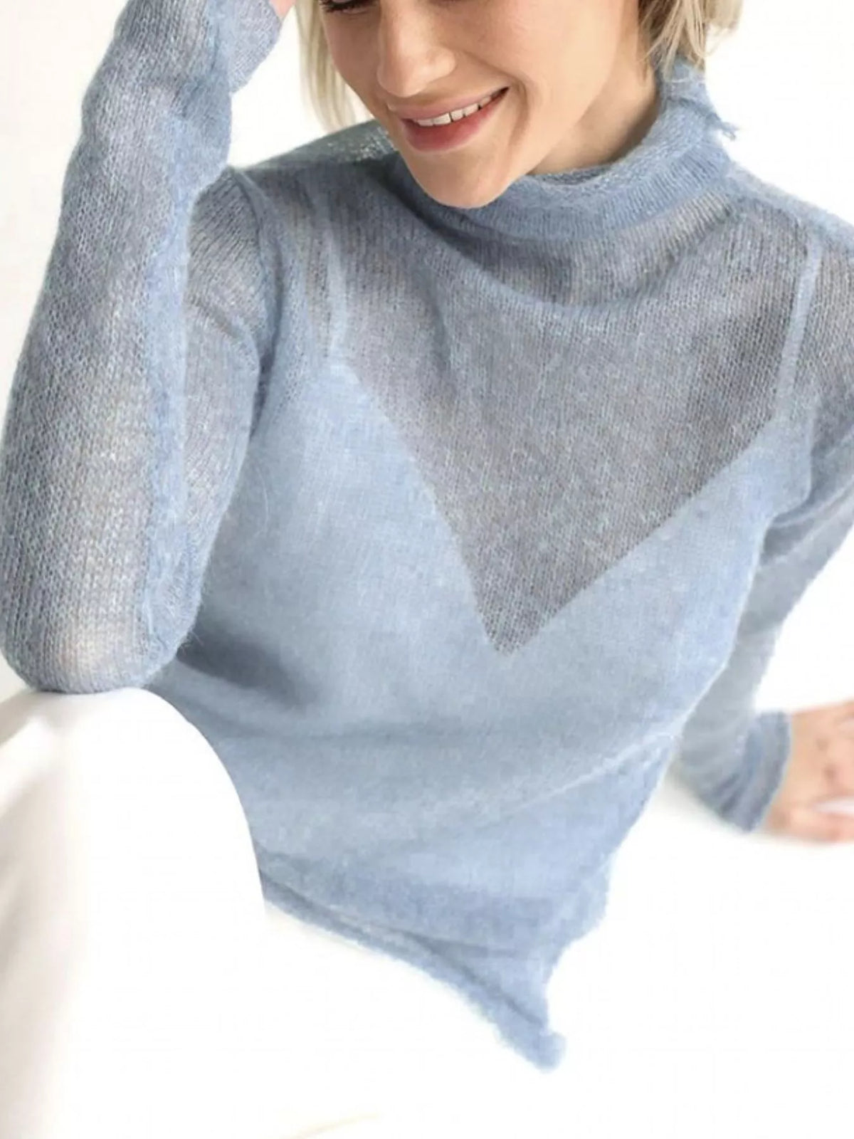 sheer turtleneck knit top | dropsona - neutral - size reference