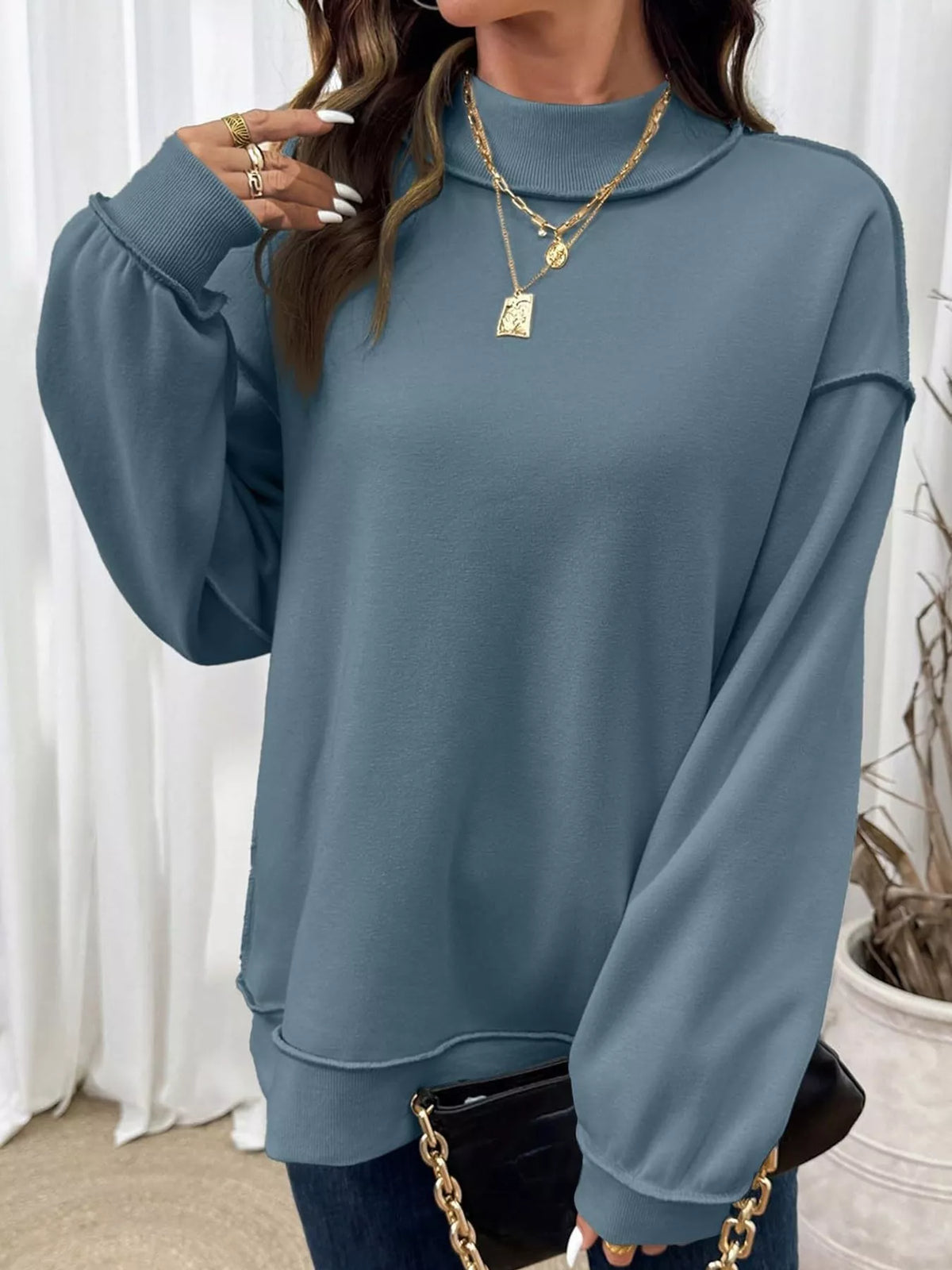 mock neck long sleeve sweatshirt | dropsona polyester 70% - neutral - material texture