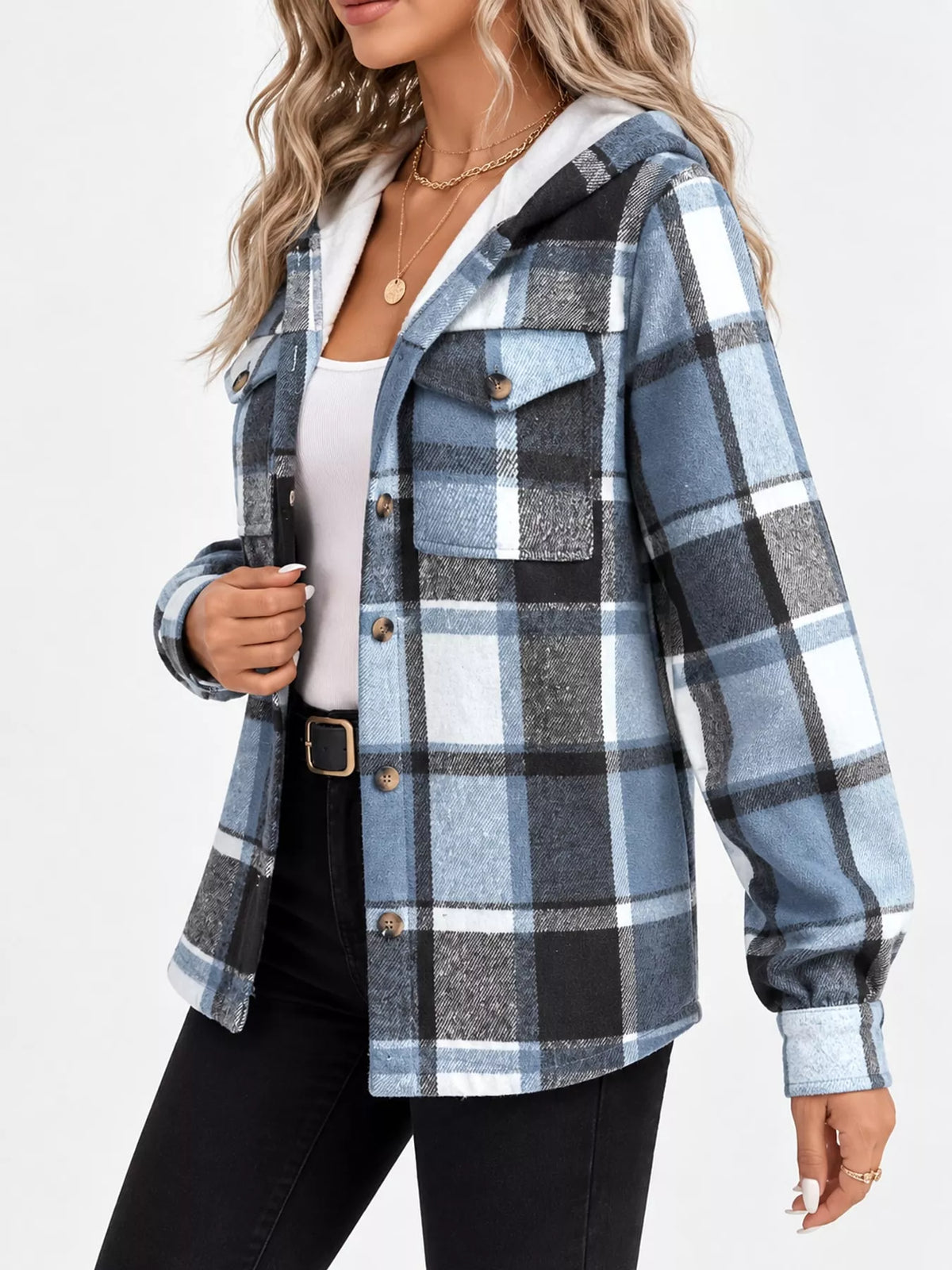 fleece-lined plaid button up shacket | dropsona - neutral - front view