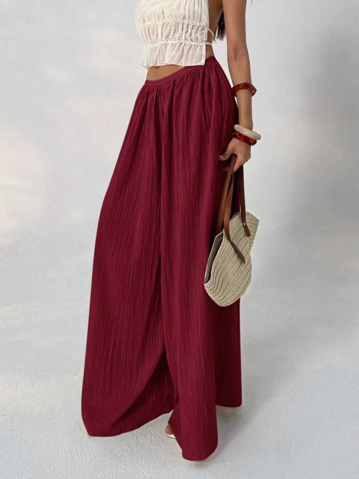 high-waisted wide-leg pleated casual pants | dropsona - neutral - front view